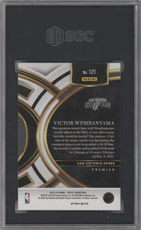 Victor Wembanyama from the 2023-24 Panini Select  set featuring a Silver Prizm parallel graded by SGC and given an overall grade of 10.