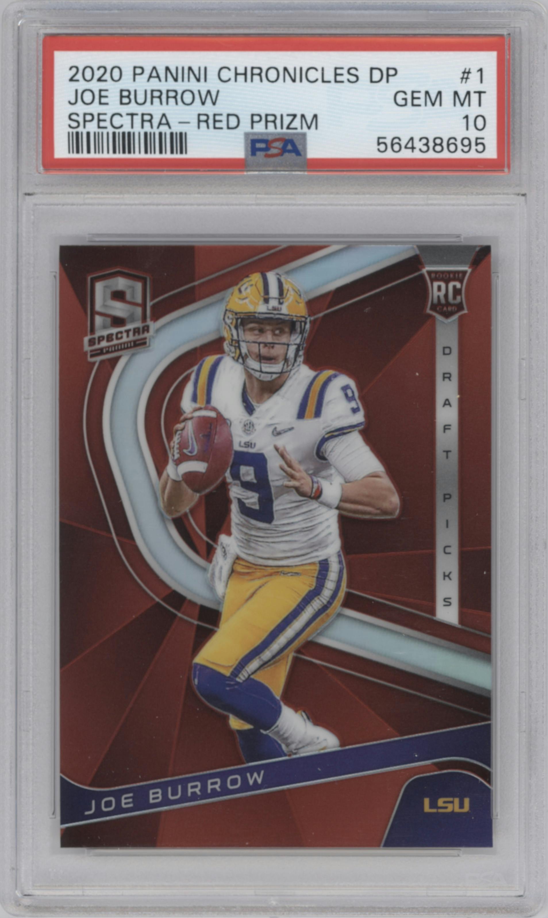 Joe Burrow from the 2020 Panini Chronicles Draft Picks  set featuring a Red parallel graded by PSA and given an overall grade of 10.