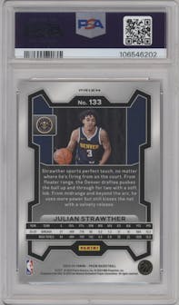 Julian Strawther from the 2023-24 Panini Prizm set featuring a Red White Blue Prizm parallel graded by PSA and given an overall grade of 10.