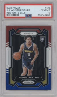 Julian Strawther from the 2023-24 Panini Prizm set featuring a Red White Blue Prizm parallel graded by PSA and given an overall grade of 10.