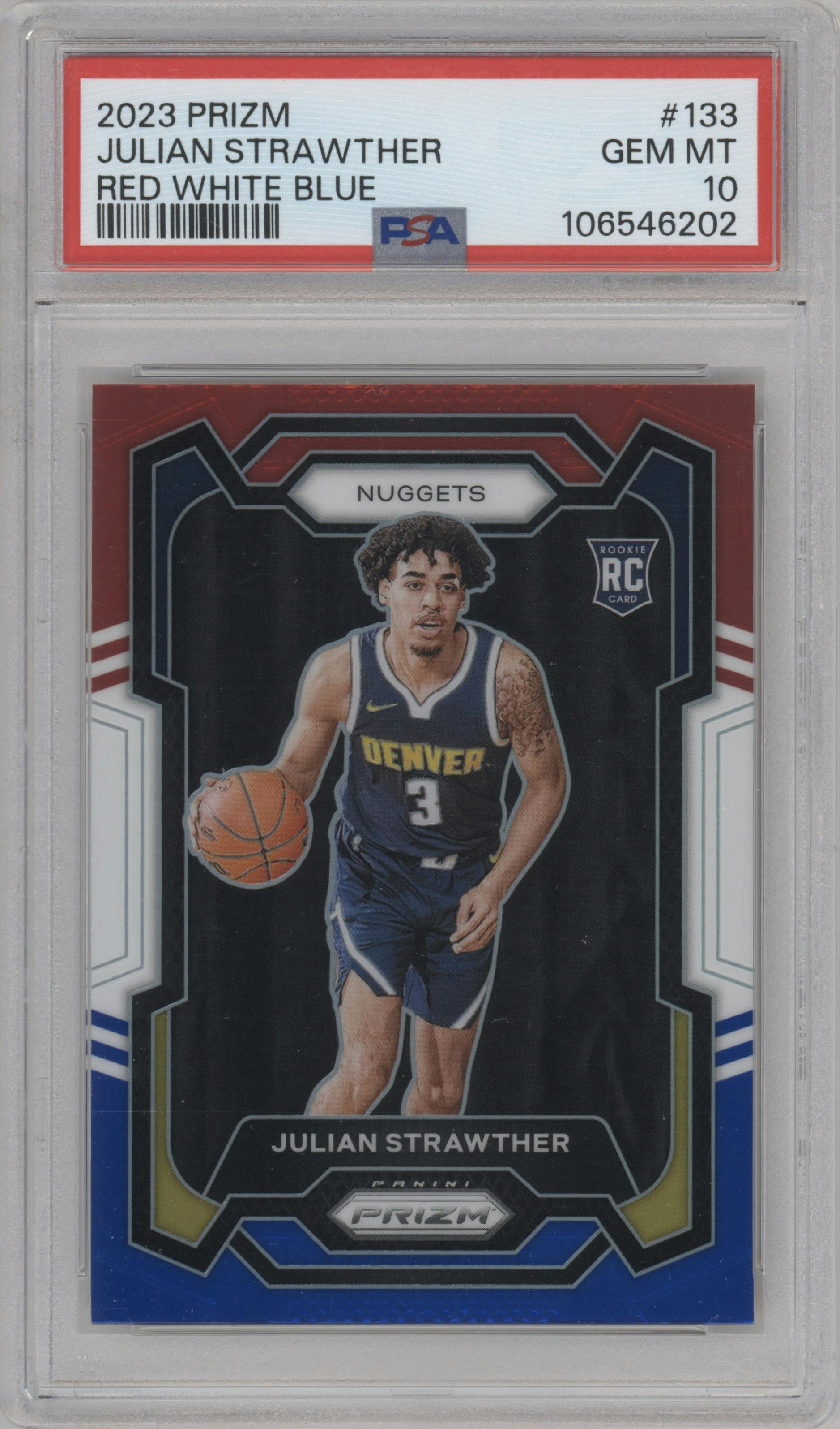 Julian Strawther from the 2023-24 Panini Prizm set featuring a Red White Blue Prizm parallel graded by PSA and given an overall grade of 10.