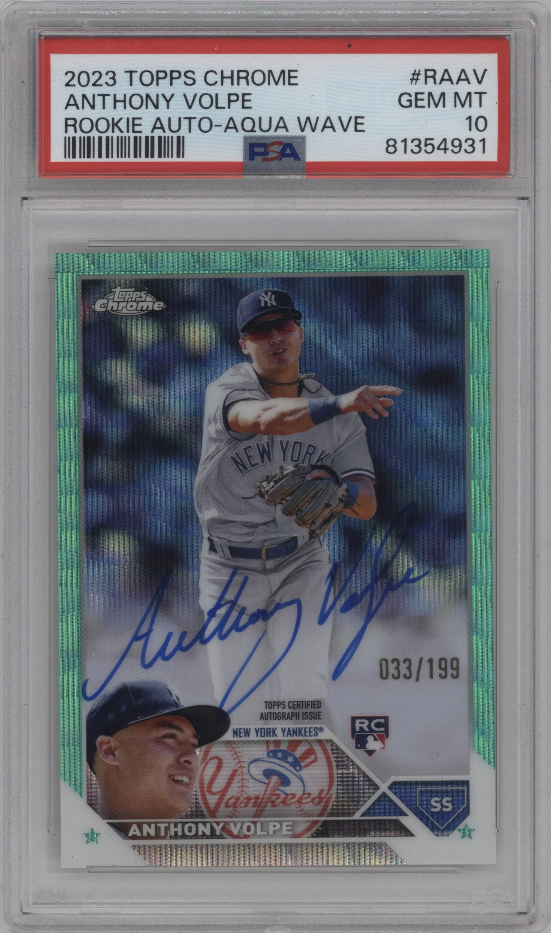 2023 Topps Chrome Rke.Auto Anthony Volpe Aqua Wave Refractor PSA 10