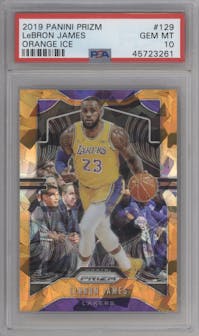 LeBron James from the 2019-20 Panini Prizm set featuring a Orange Ice parallel graded by PSA and given an overall grade of 10.