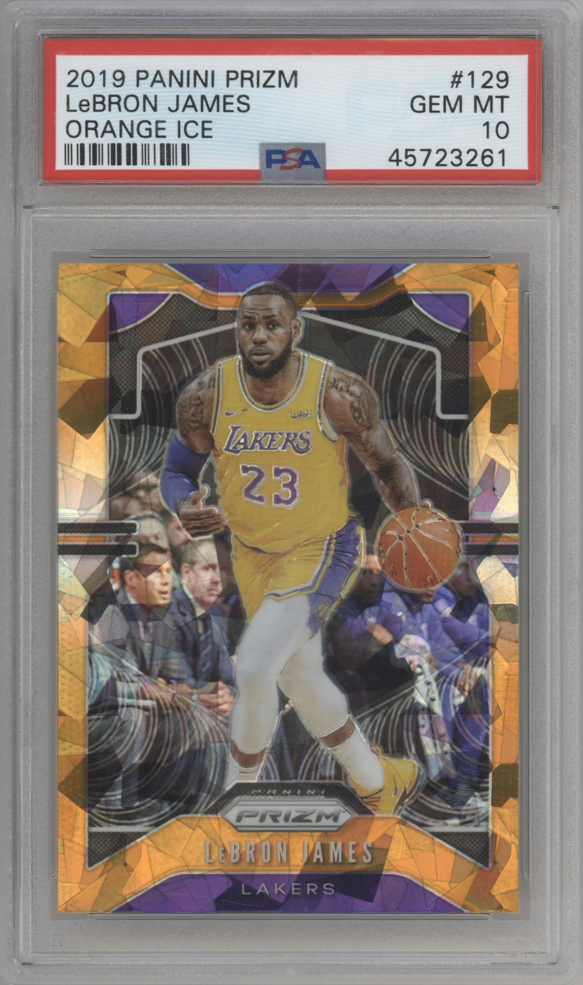 LeBron James from the 2019-20 Panini Prizm set featuring a Orange Ice parallel graded by PSA and given an overall grade of 10.