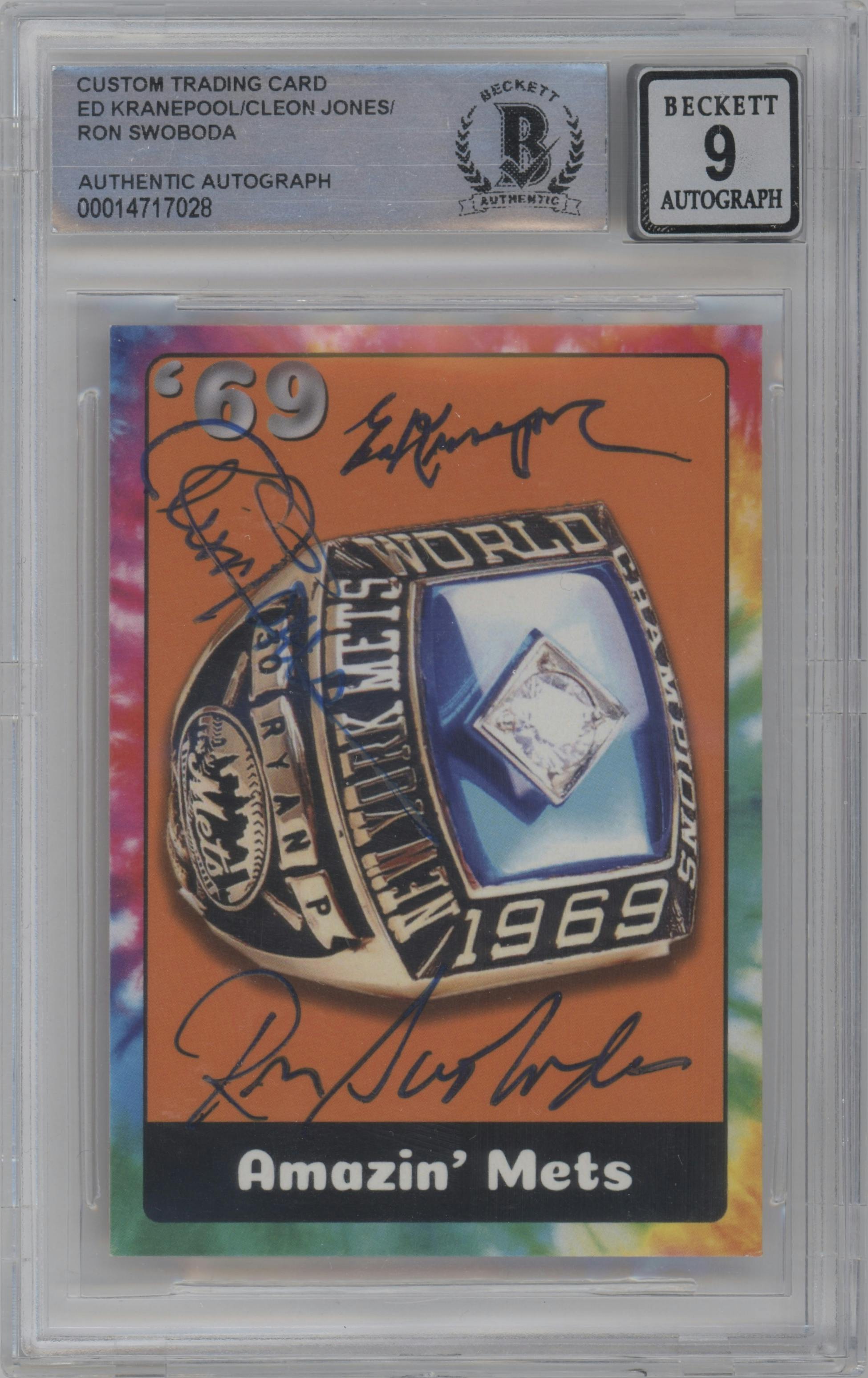 Ed Kranepool/Cleon Jones/Ron Swoboda from the 2019 Historic Autographs 1969 set featuring a Tie Dye parallel graded by Beckett.