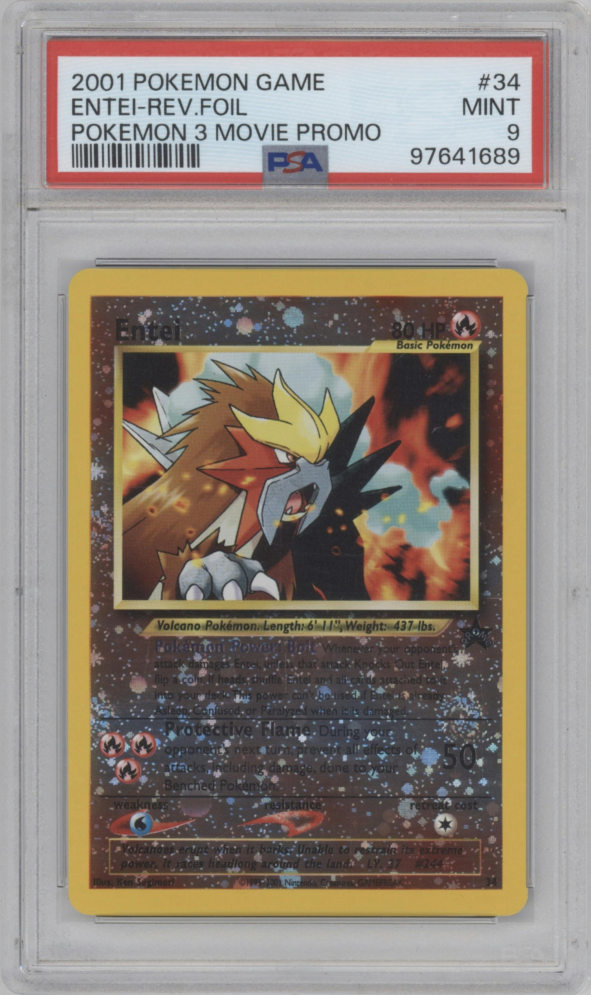 Entei from the 2001 Pokemon set graded by PSA and given an overall grade of 9.