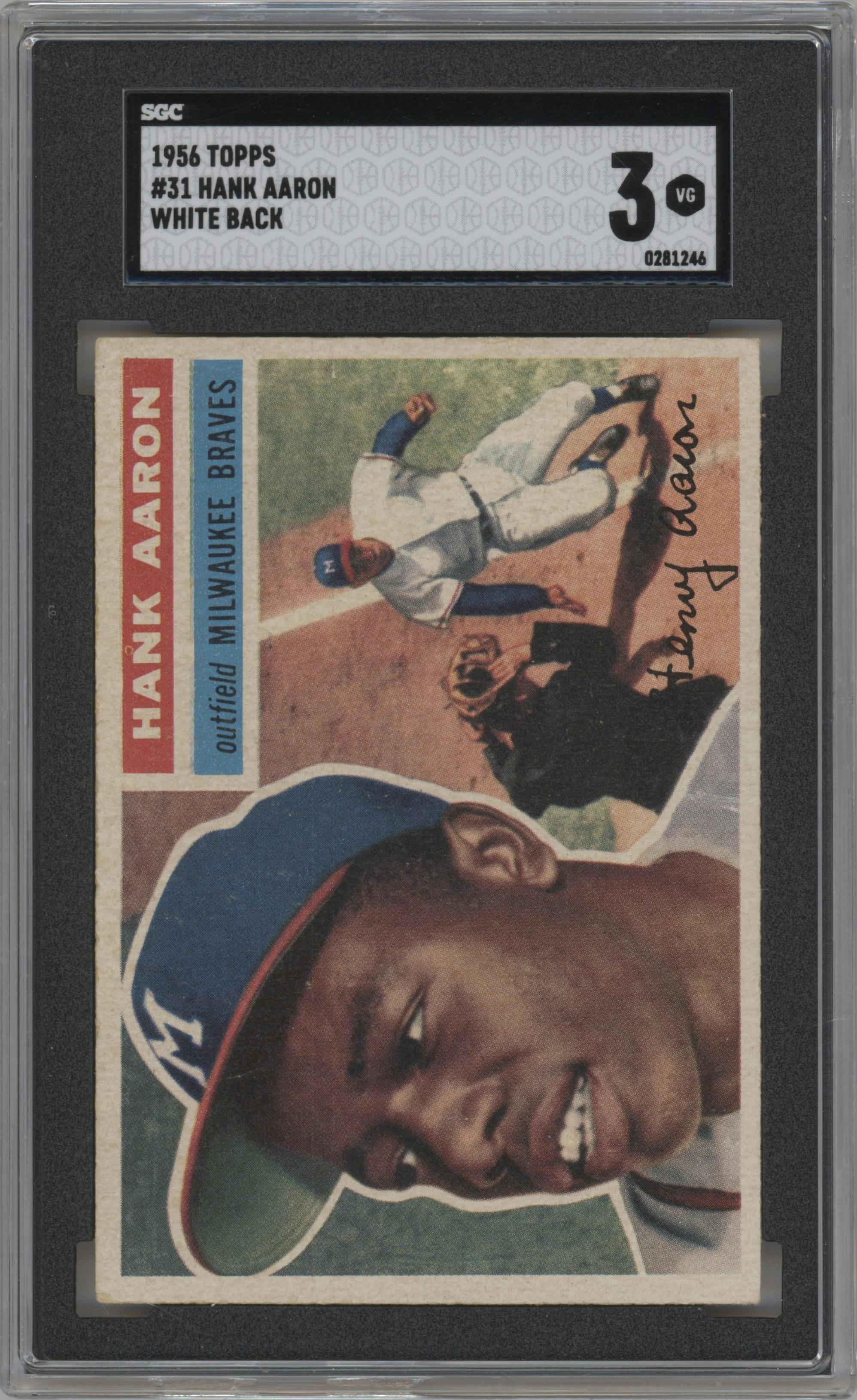 Hank Aaron from the 1956 Topps set featuring a White Back parallel graded by SGC and given an overall grade of 3.