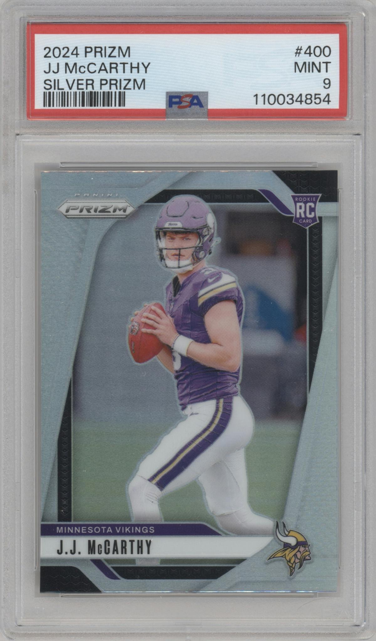 J.J. McCarthy from the 2024 Panini Prizm set featuring a Silver Prizm parallel graded by PSA and given an overall grade of 9.