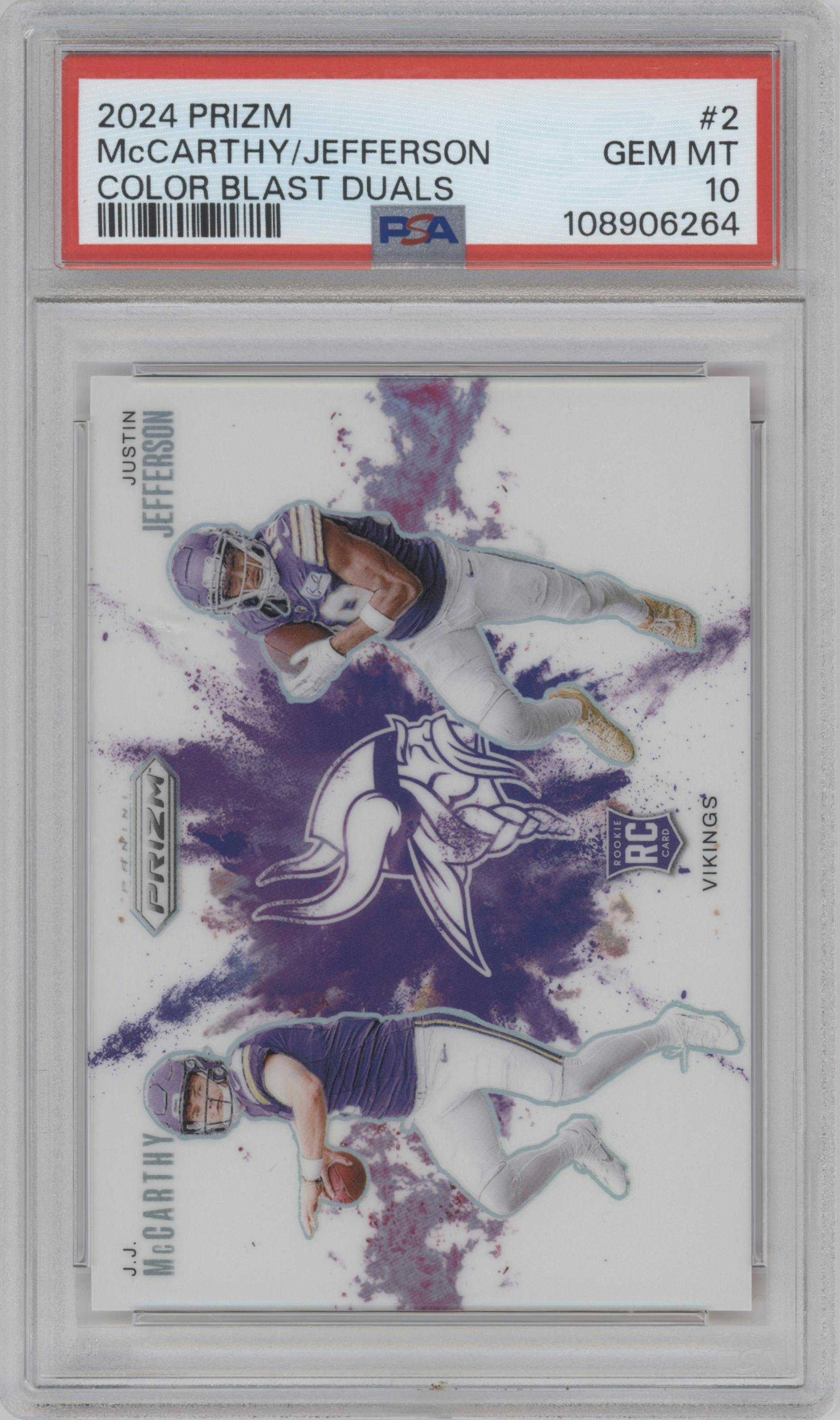 J.J. McCarthy/Justin Jefferson from the 2024 Panini Prizm set graded by PSA and given an overall grade of 10.