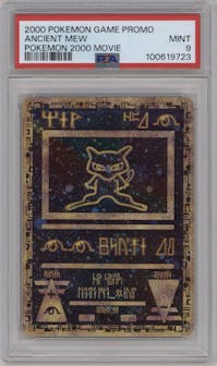 Ancient Mew from the 2000 Pokemon set featuring a Pokemon 2000 Movie parallel graded by PSA and given an overall grade of 9.