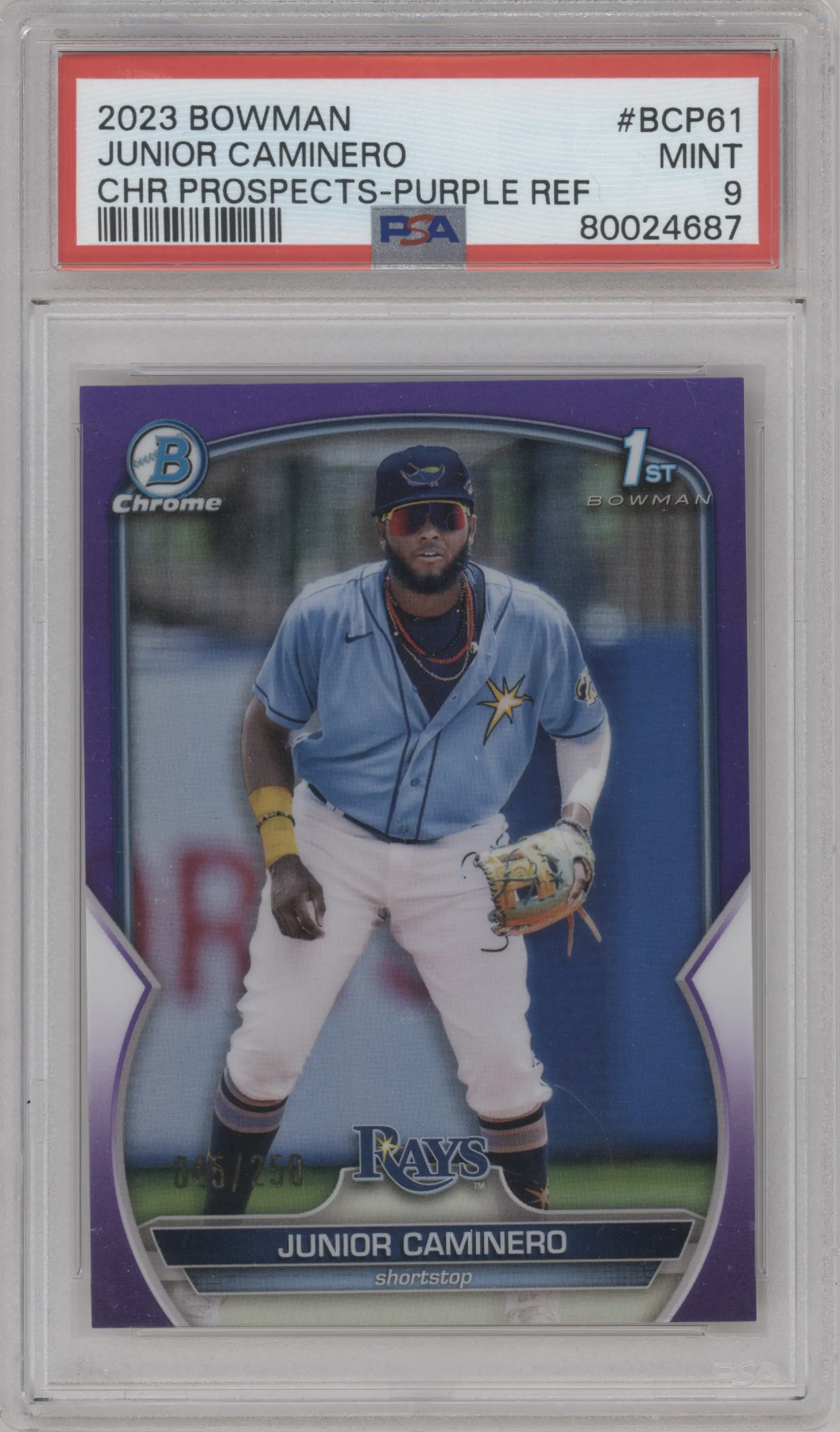 2023 Bowman Chr.Pros. Junior Caminero Purple Refractor PSA 9
