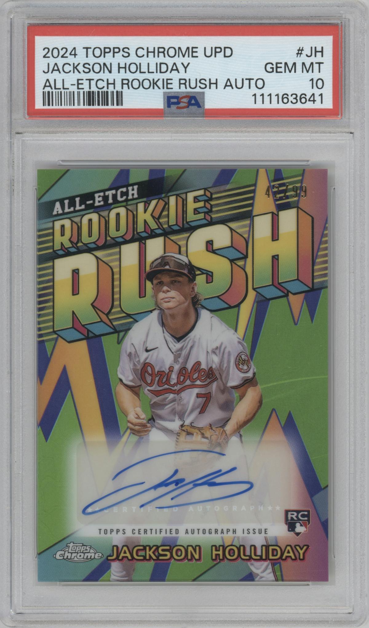Jackson Holliday from the 2024 Topps Chrome Update set graded by PSA and given an overall grade of 10.