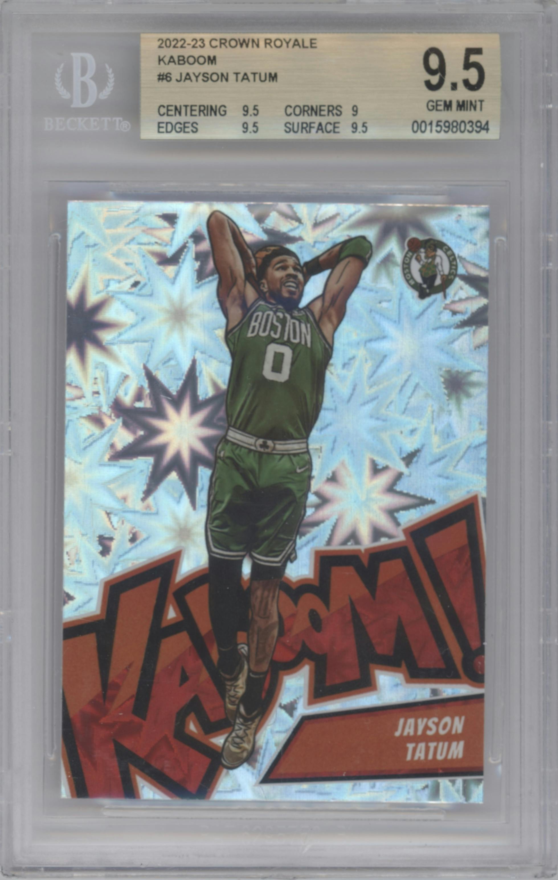 Jayson Tatum from the 2022-23 Panini Crown Royale set graded by Beckett and given an overall grade of 9.5.