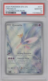 Cresselia from the 2024 Pokemon SV set graded by PSA and given an overall grade of 10.