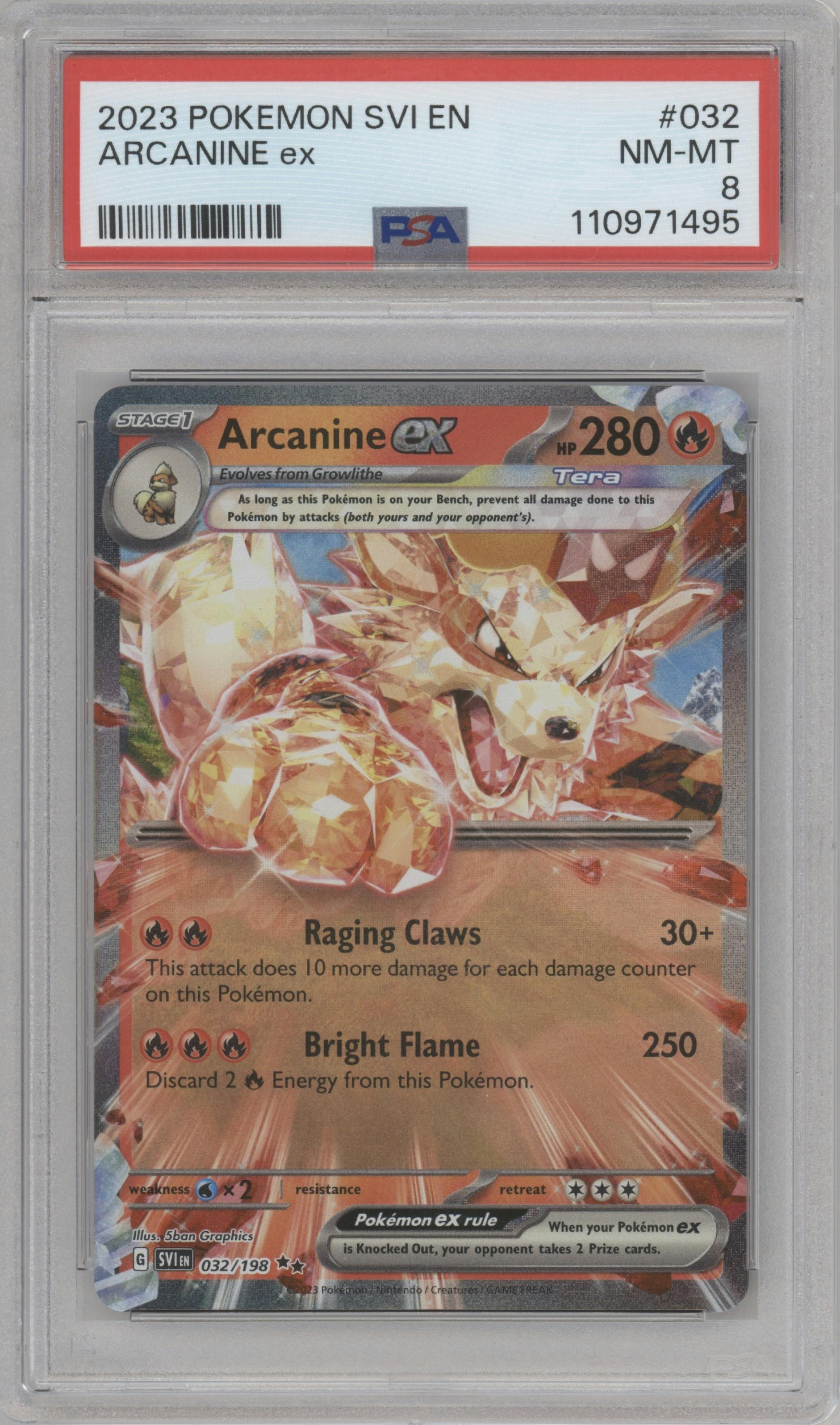 Arcanine EX from the 2023 Pokemon SV set graded by PSA and given an overall grade of 8.