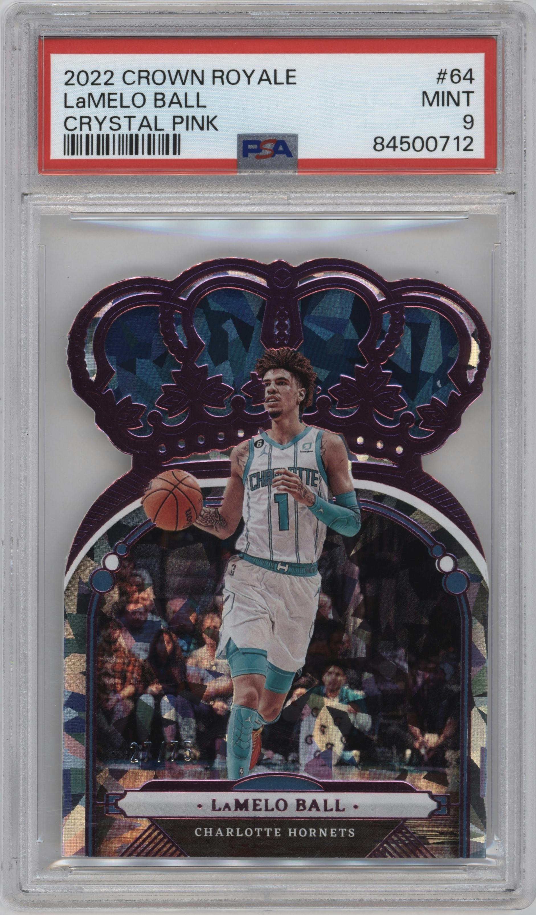 LaMelo Ball from the 2022-23 Panini Crown Royale set featuring a Crystal Pink parallel graded by PSA and given an overall grade of 9.