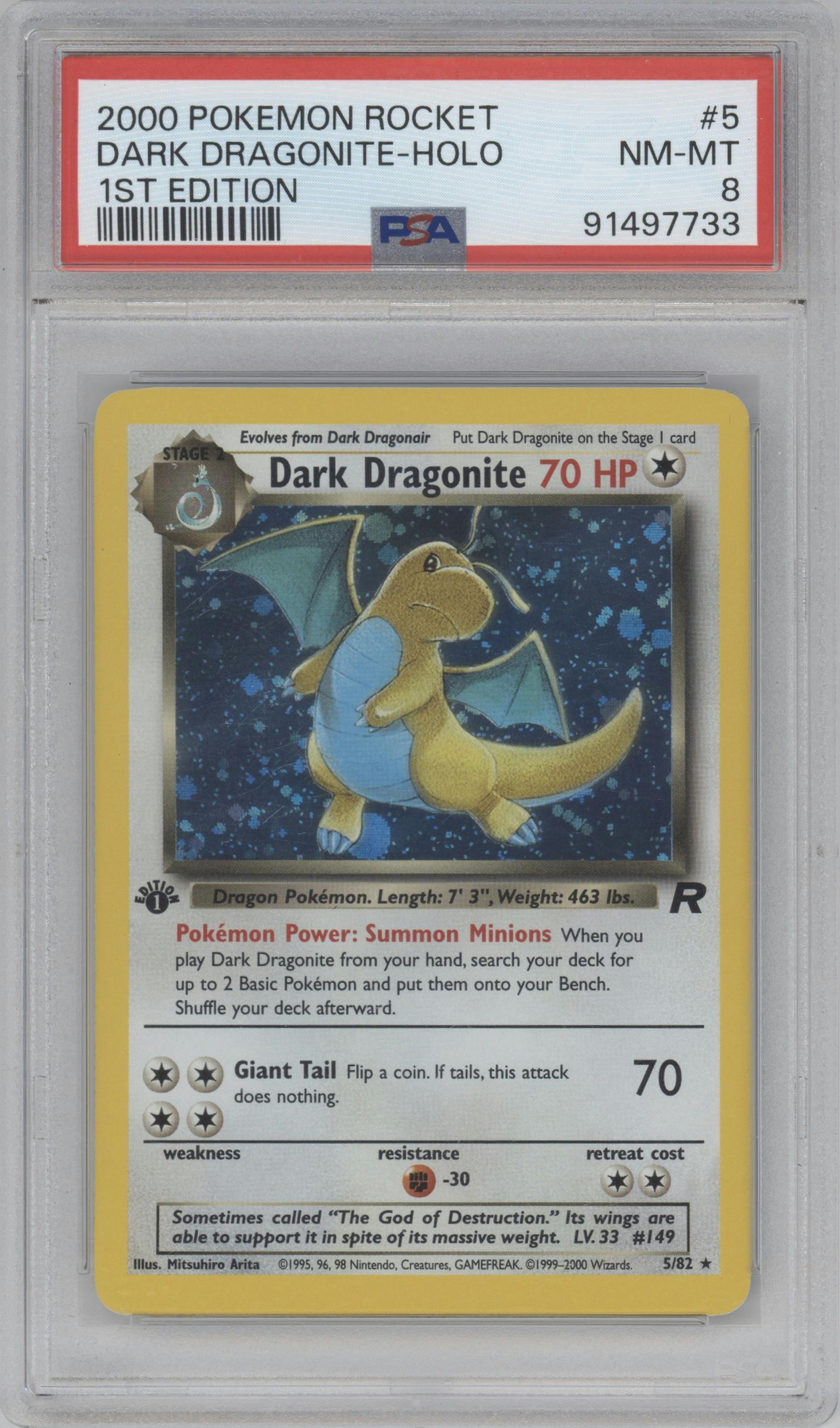 Dark Dragonite from the 2000 Pokemon set graded by PSA and given an overall grade of 8.