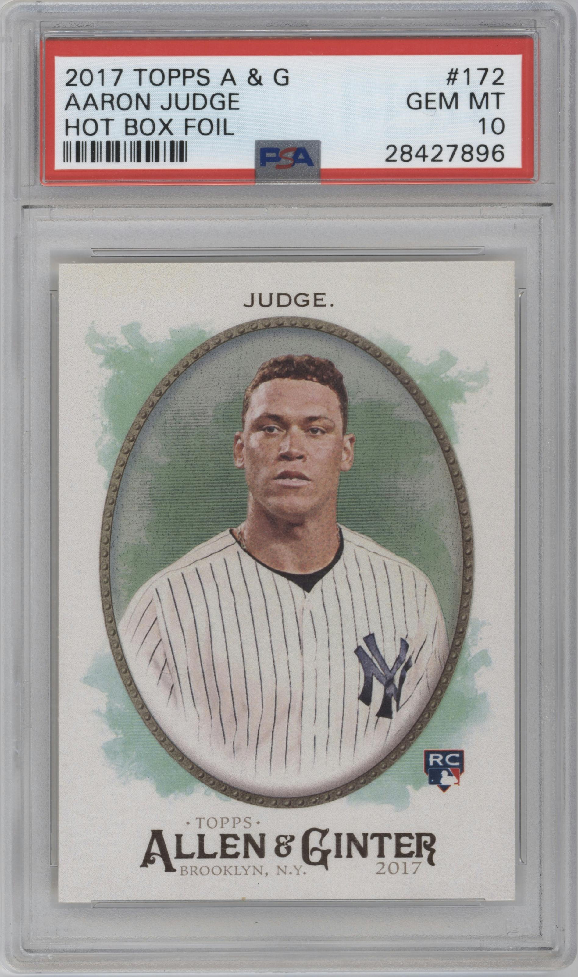 Aaron Judge from the 2017 Topps Allen & Ginter set featuring a Hot Box Foil parallel graded by PSA and given an overall grade of 10.