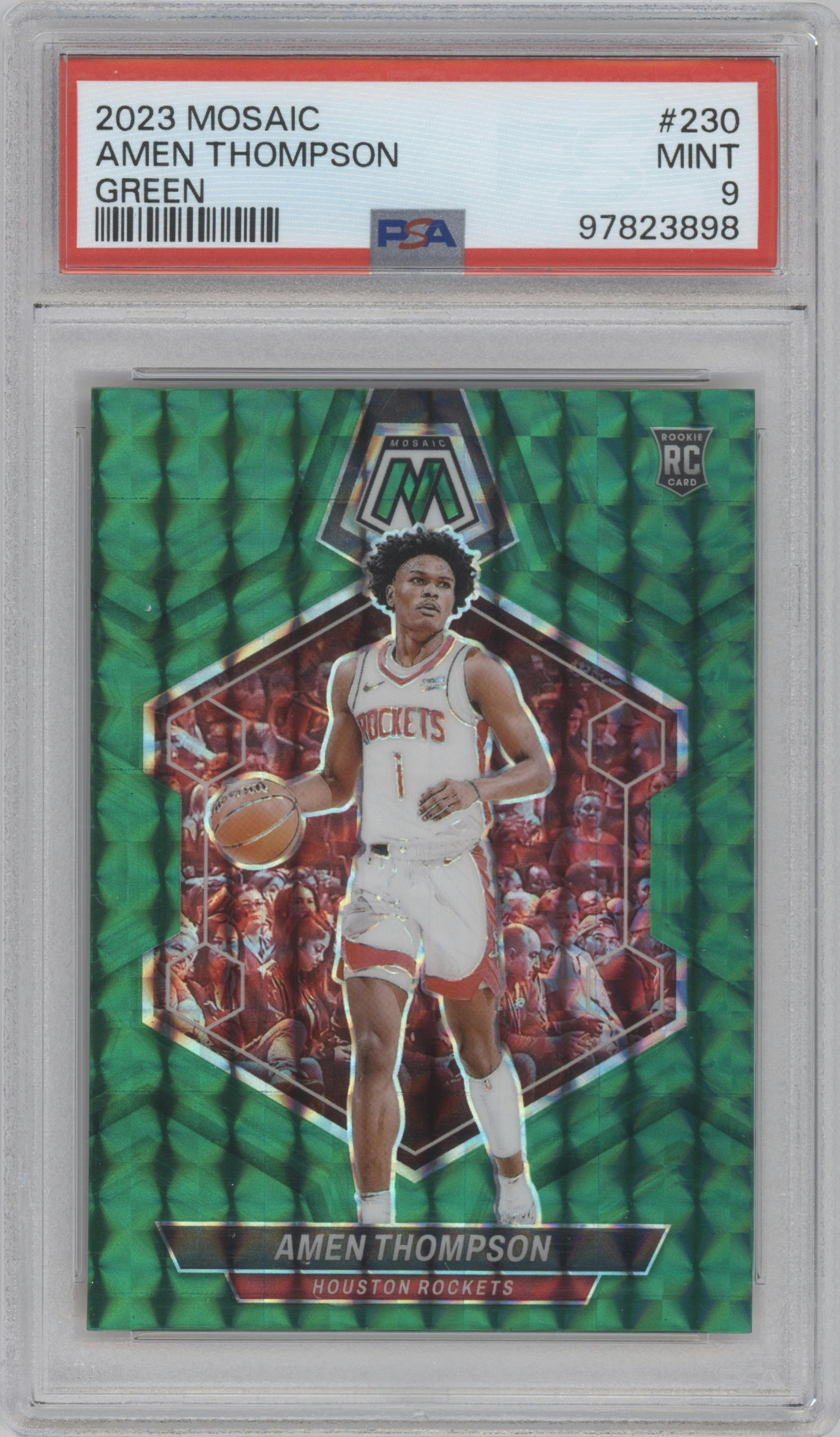 Amen Thompson from the 2023-24 Panini Mosaic set featuring a Green Mosaic parallel graded by PSA and given an overall grade of 9.