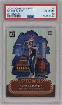 Drake Maye from the 2024 Donruss Optic set graded by PSA and given an overall grade of 10.