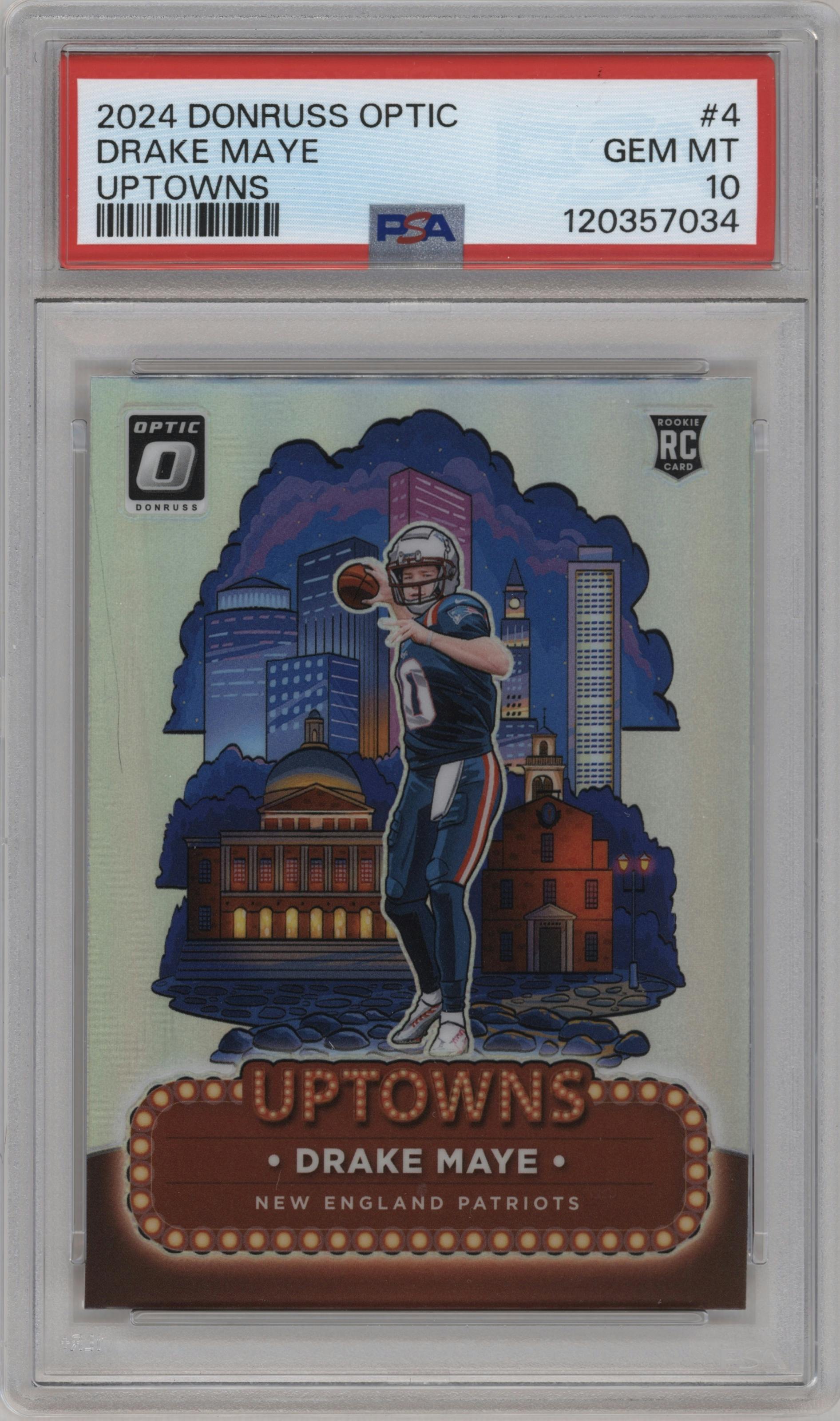 Drake Maye from the 2024 Donruss Optic set graded by PSA and given an overall grade of 10.