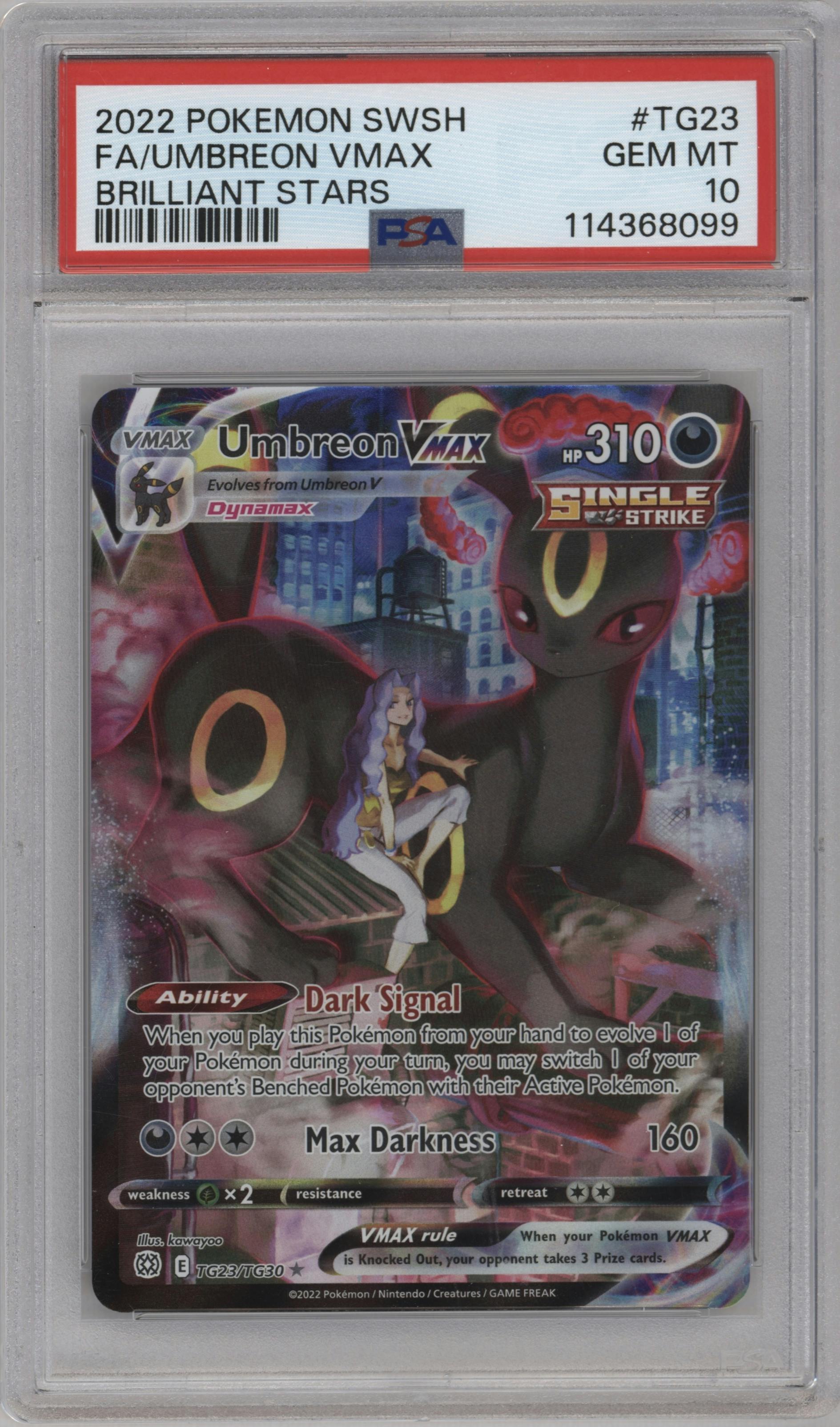 Umbreon VMAX from the 2022 Pokemon SWSH set graded by PSA and given an overall grade of 10.
