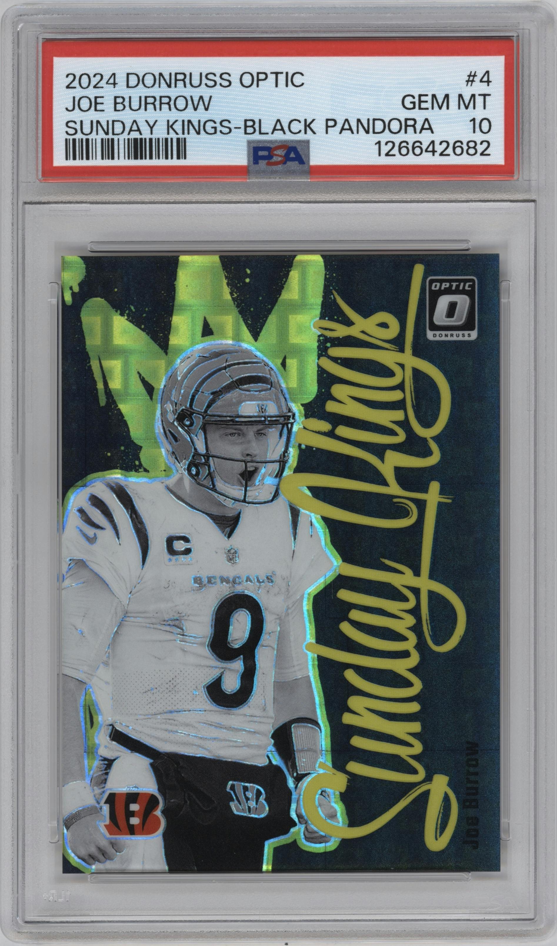 Joe Burrow from the 2024 Donruss Optic set featuring a Black Pandora  parallel graded by PSA and given an overall grade of 10.