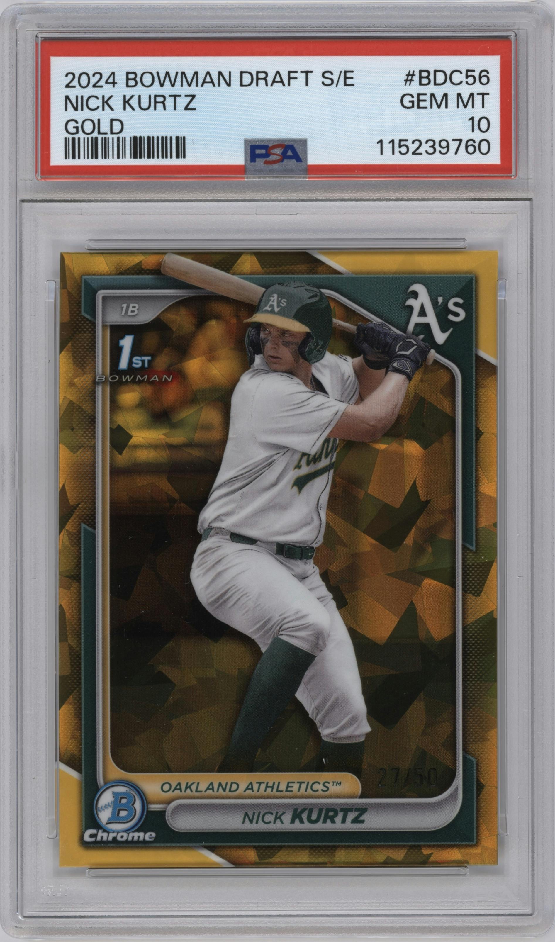 Nick Kurtz from the 2024 Bowman Draft Sapphire Edition set featuring a Gold parallel graded by PSA and given an overall grade of 10.