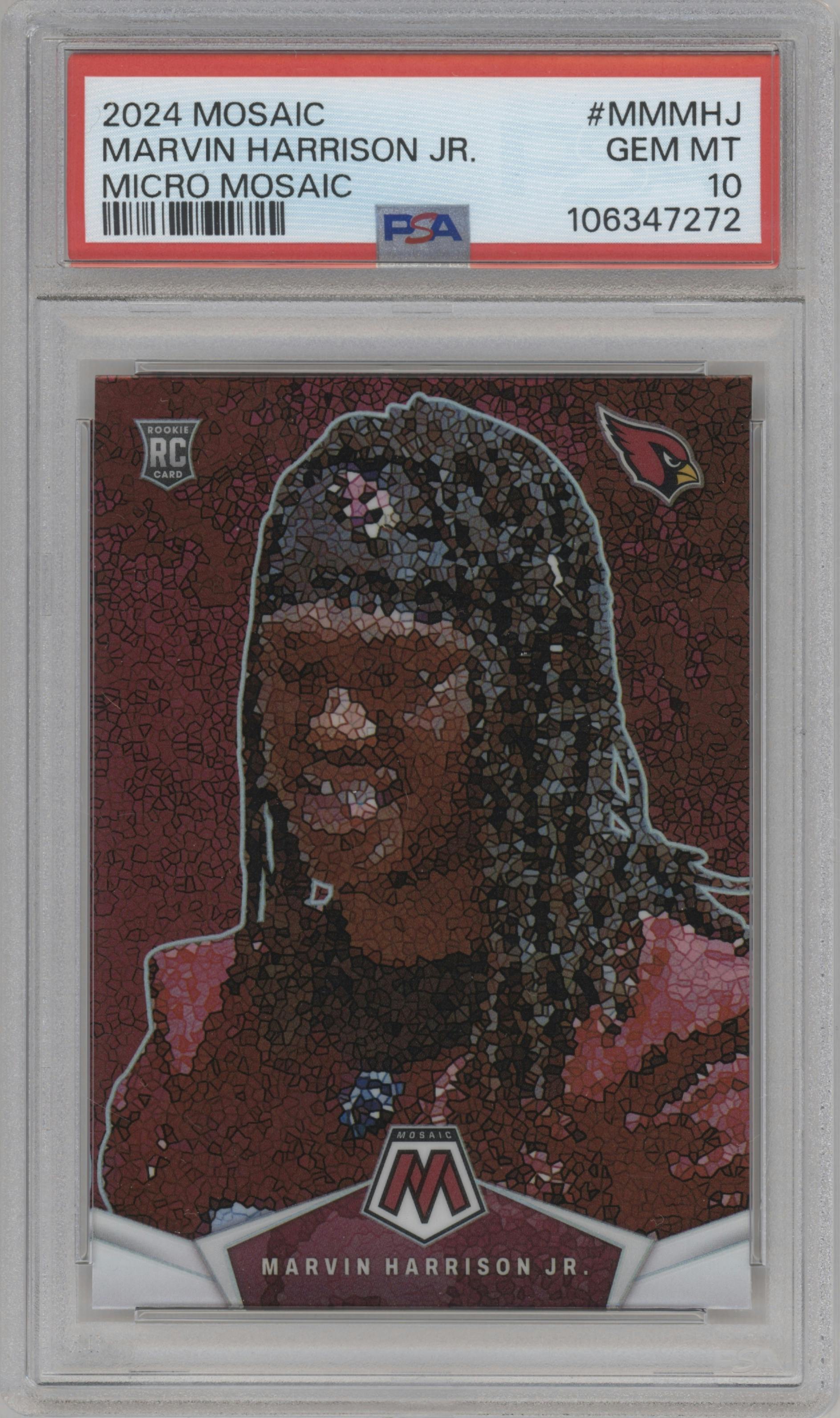 Marvin Harrison Jr. from the 2024 Panini Mosaic set graded by PSA and given an overall grade of 10.