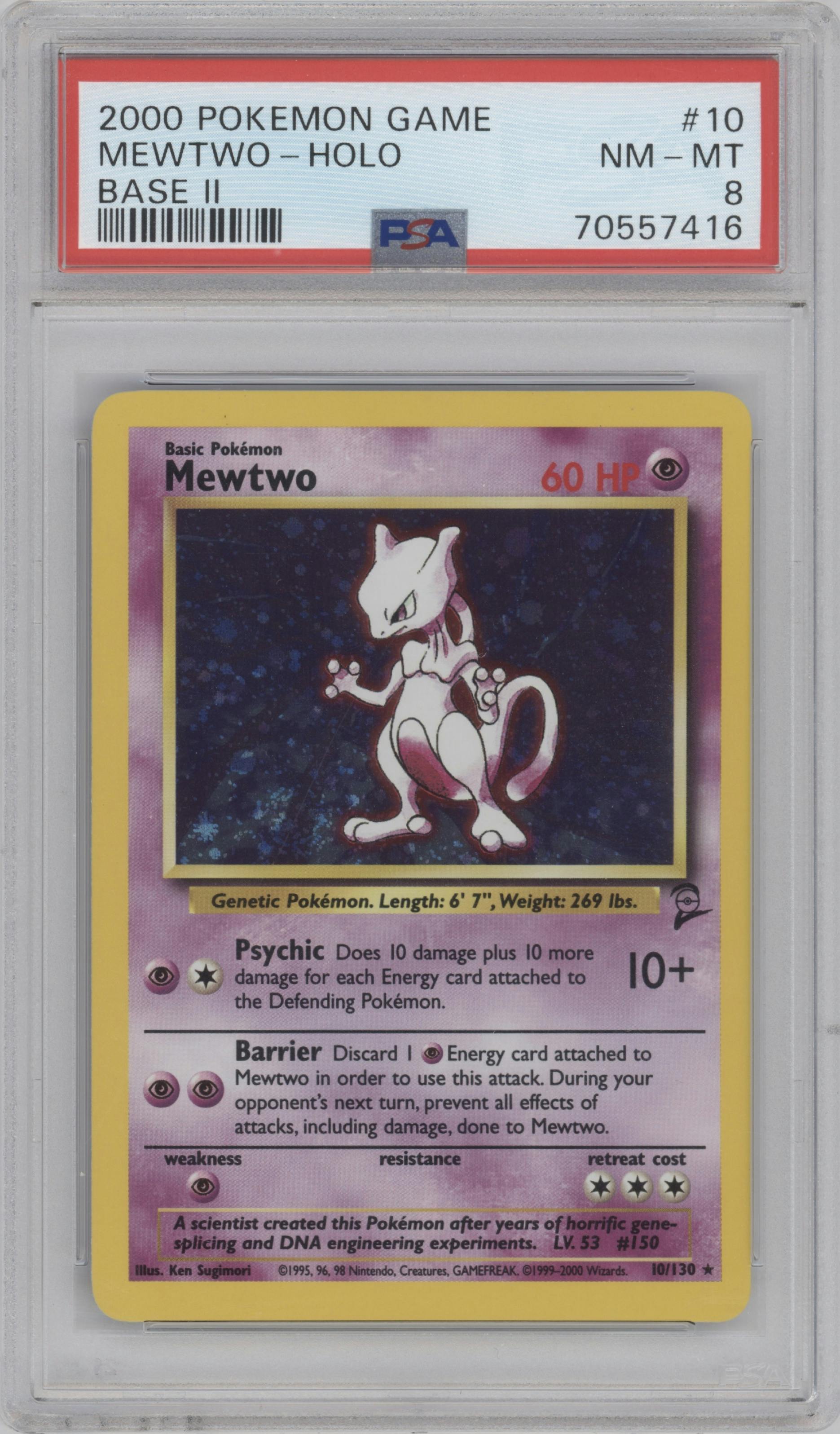Mewtwo from the 2000 Pokemon set graded by PSA and given an overall grade of 8.