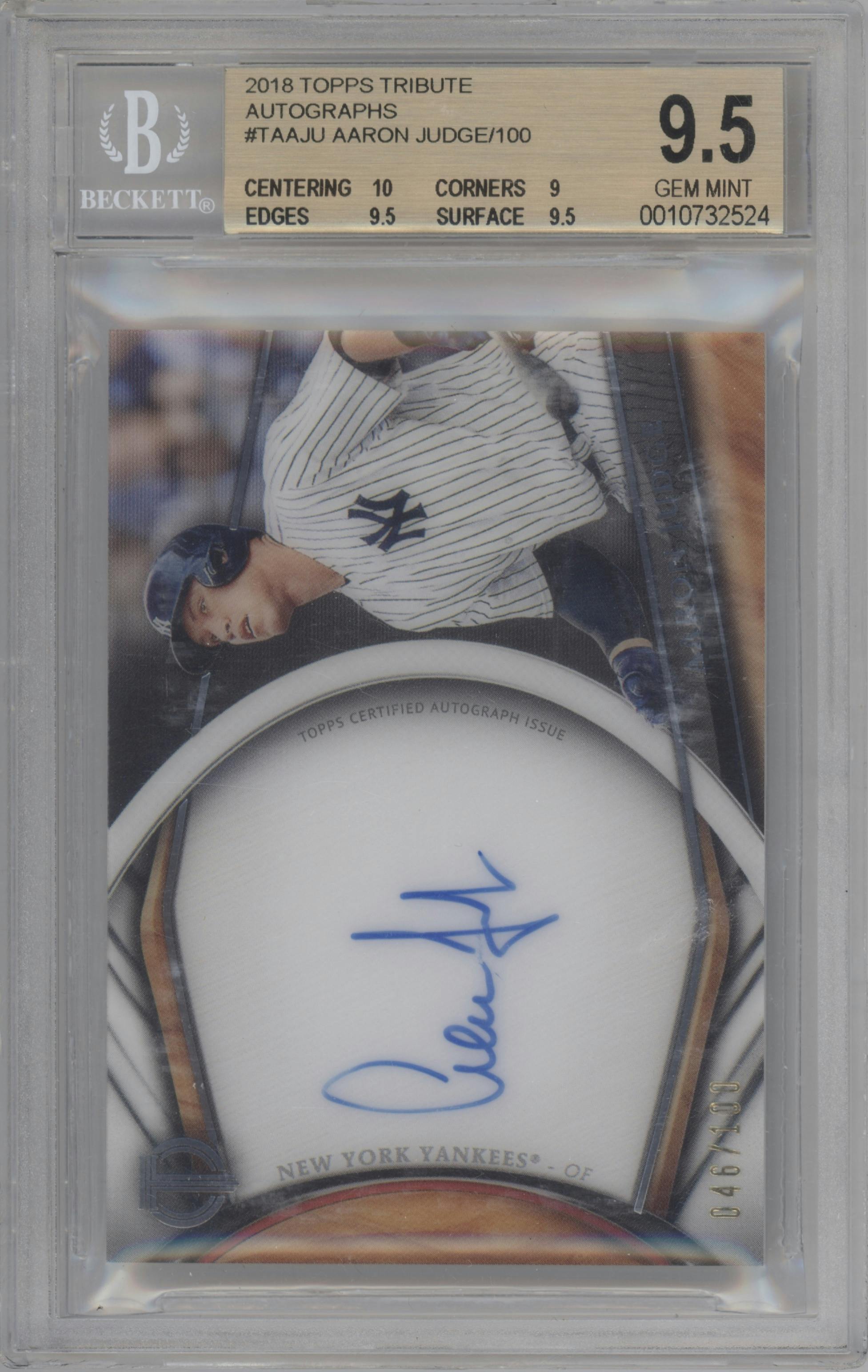 Aaron Judge from the 2018 Topps Tribute set graded by Beckett and given an overall grade of 9.5.
