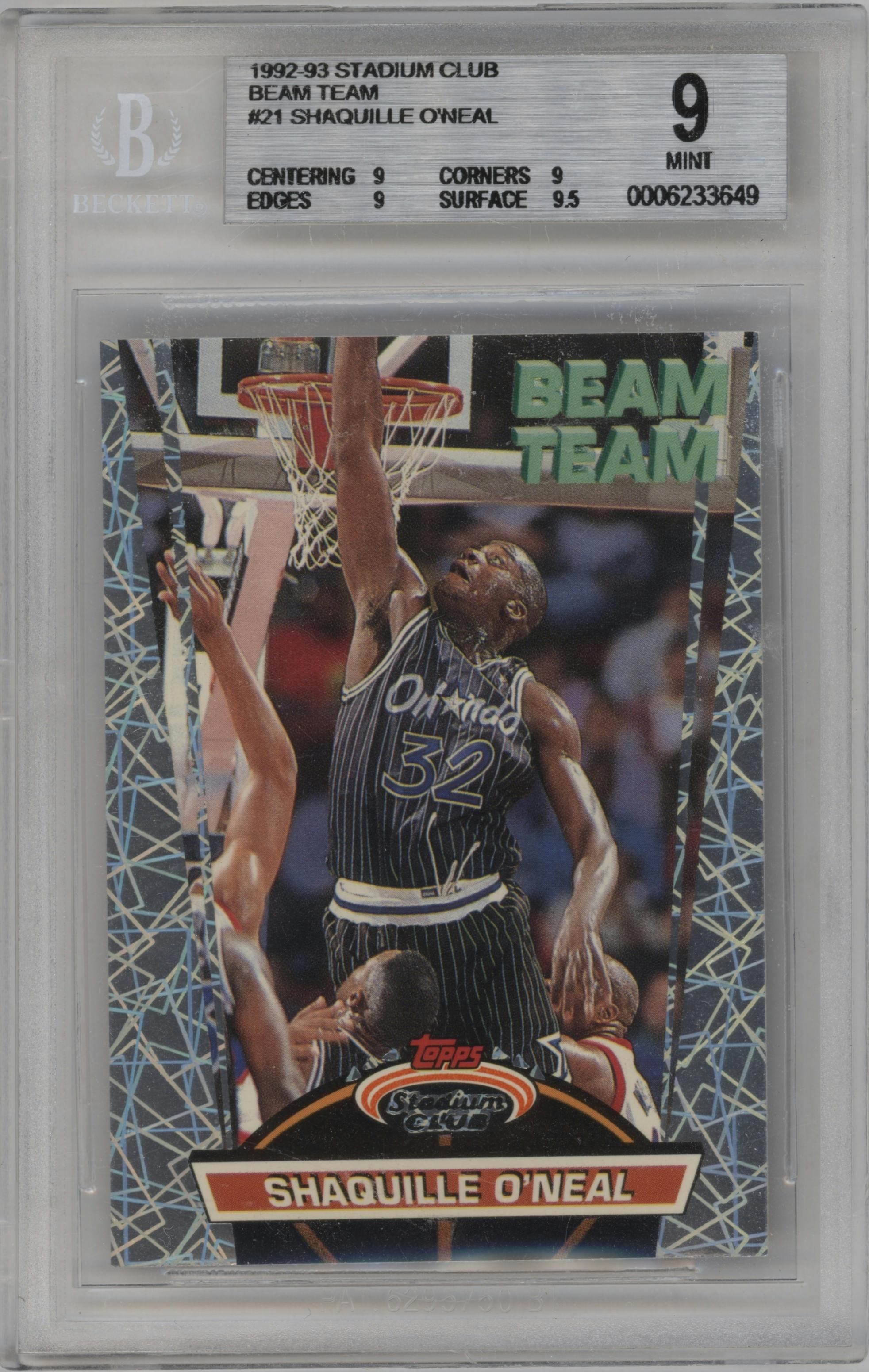 Shaquille O'Neal from the 1992-93 Topps Stadium Club set graded by Beckett and given an overall grade of 9.
