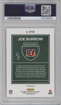 Joe Burrow from the 2022 Panini Donruss Optic set featuring a Gold Vinyl  parallel graded by PSA and given an overall grade of 10.