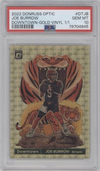 Joe Burrow from the 2022 Panini Donruss Optic set featuring a Gold Vinyl  parallel graded by PSA and given an overall grade of 10.