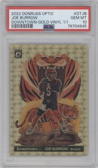 Joe Burrow from the 2022 Panini Donruss Optic set featuring a Gold Vinyl  parallel graded by PSA and given an overall grade of 10.