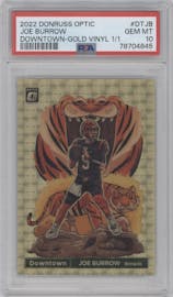 Joe Burrow from the 2022 Panini Donruss Optic set featuring a Gold Vinyl parallel graded by PSA and given an overall grade of 10.
