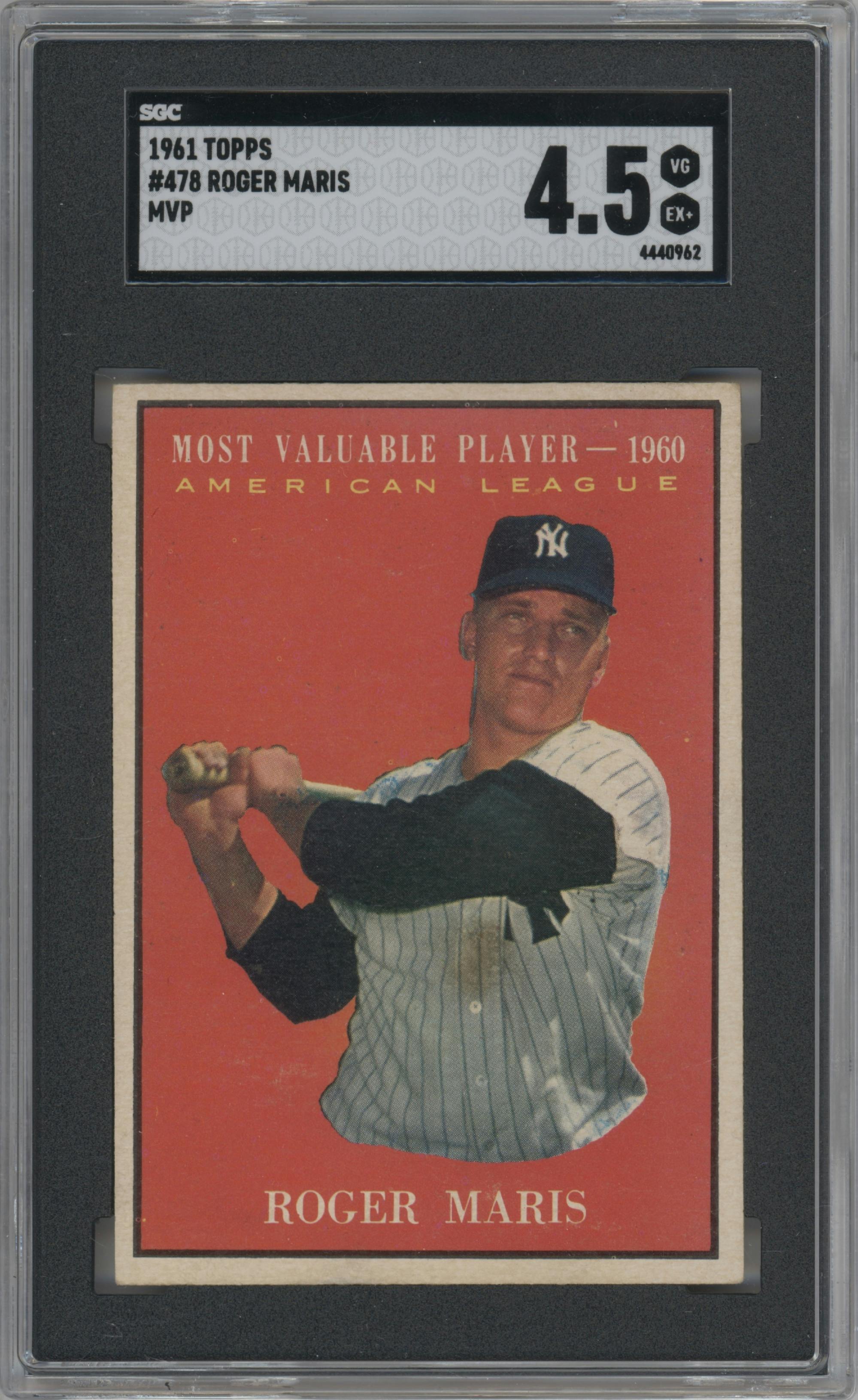 Roger Maris from the 1961 Topps set graded by SGC and given an overall grade of 4.5.