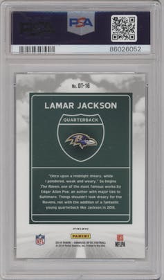 Lamar Jackson from the 2018 Panini Donruss Optic set graded by PSA and given an overall grade of 10.