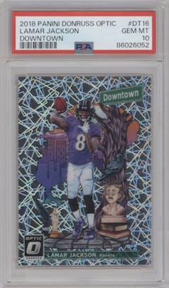 Lamar Jackson from the 2018 Panini Donruss Optic set graded by PSA and given an overall grade of 10.