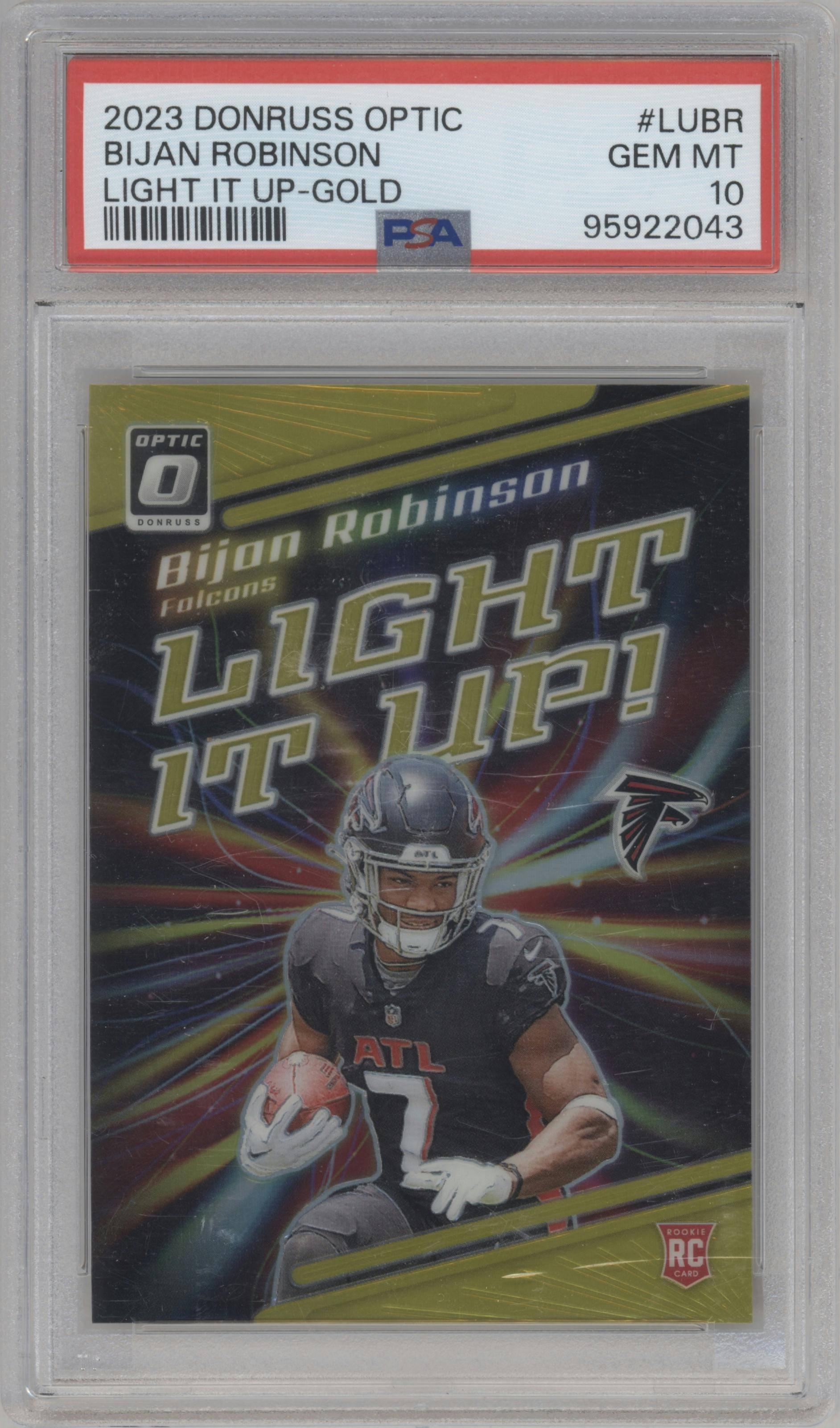 Bijan Robinson from the 2023 Donruss Optic set featuring a Gold parallel graded by PSA and given an overall grade of 10.