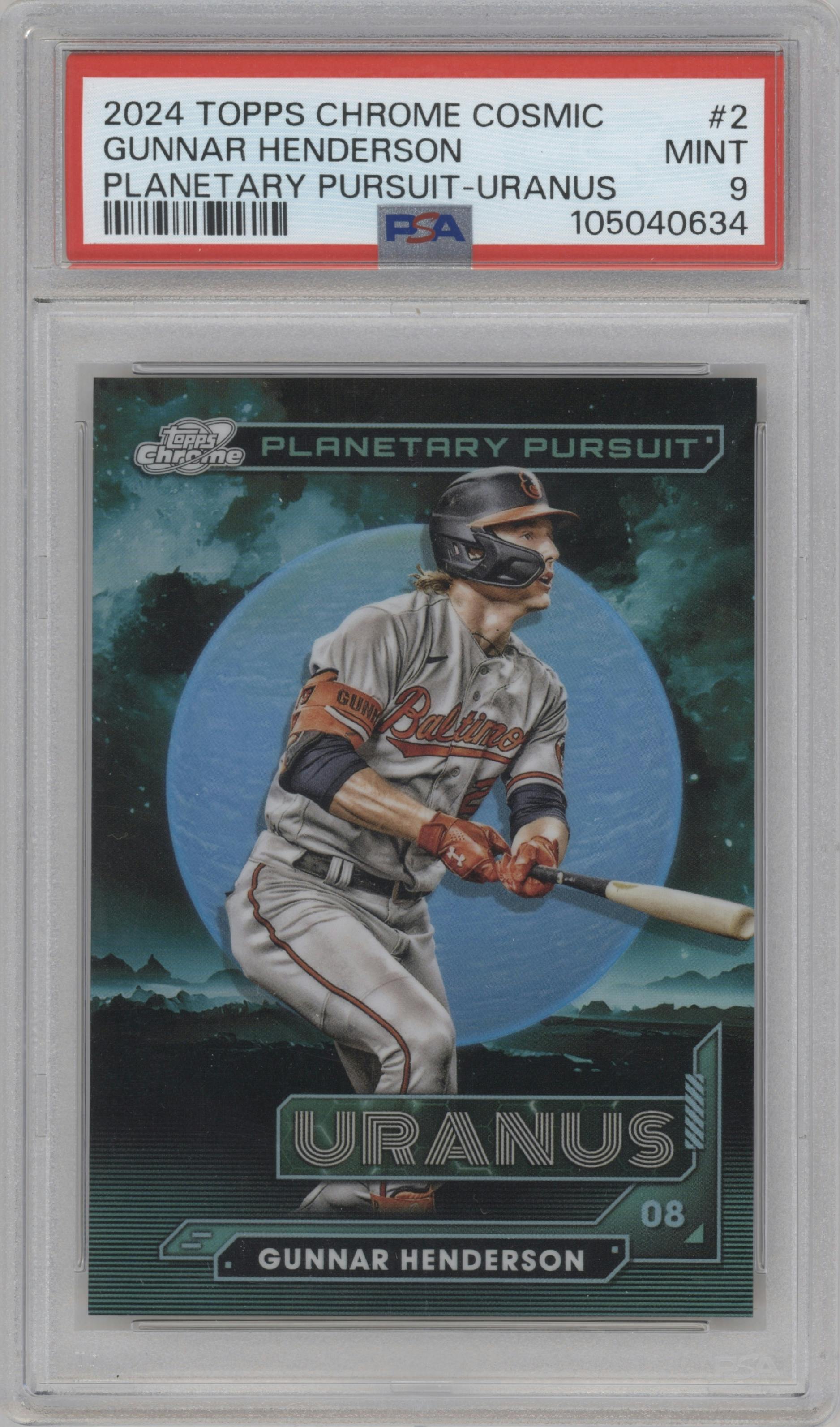 Gunnar Henderson from the 2024 Topps Cosmic Chrome set graded by PSA and given an overall grade of 9.