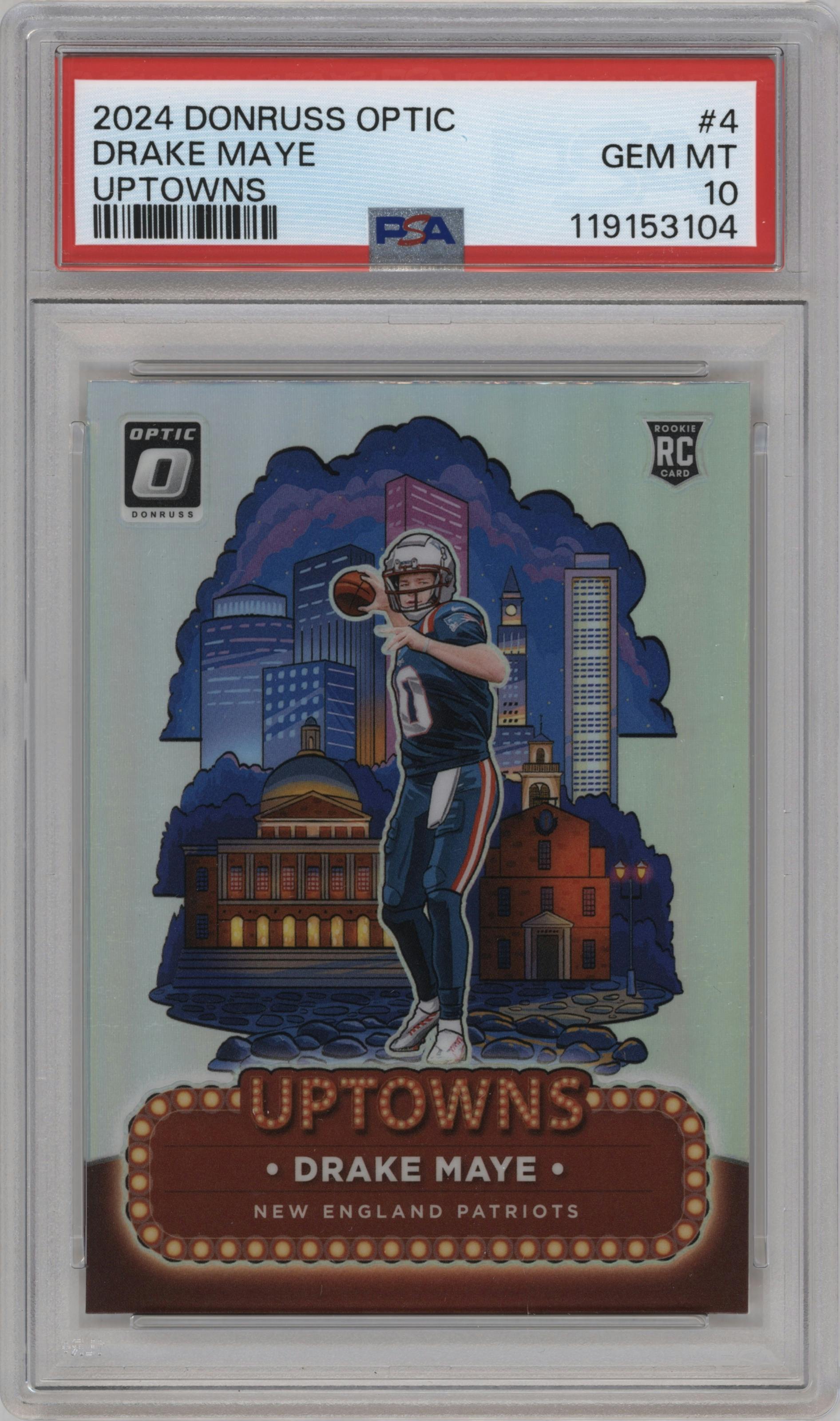 Drake Maye from the 2024 Donruss Optic set graded by PSA and given an overall grade of 10.