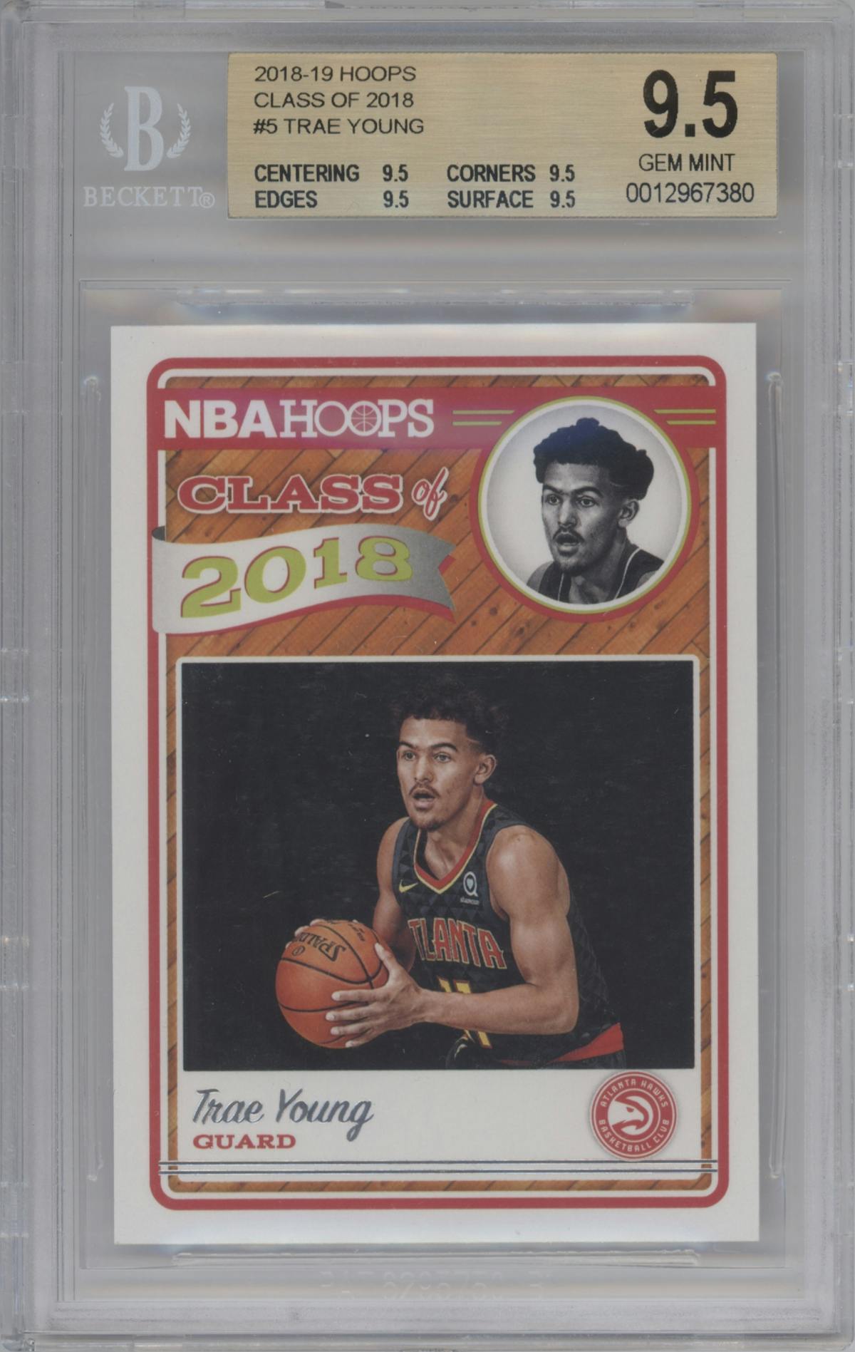 Trae Young from the 2018-19 Panini NBA Hoops  set graded by Beckett and given an overall grade of 9.5.