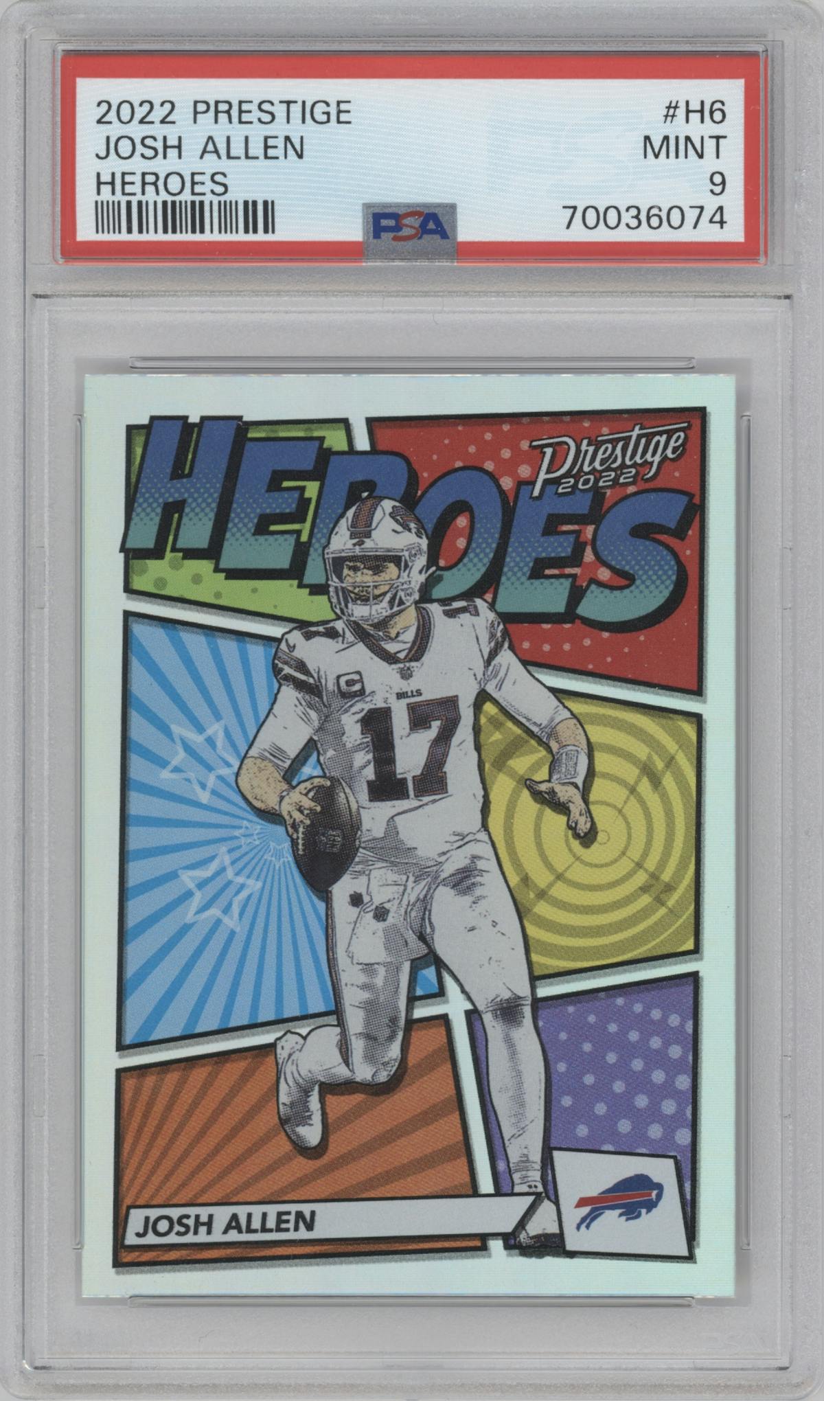 Josh Allen from the 2022 Panini Prestige set graded by PSA and given an overall grade of 9.
