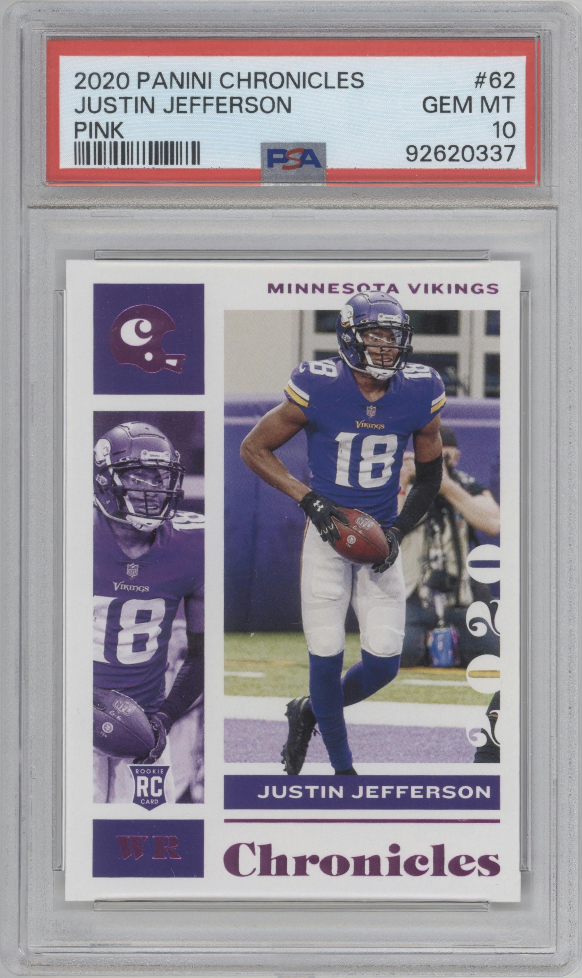 Justin Jefferson from the 2020 Panini Chronicles set featuring a Pink parallel graded by PSA and given an overall grade of 10.