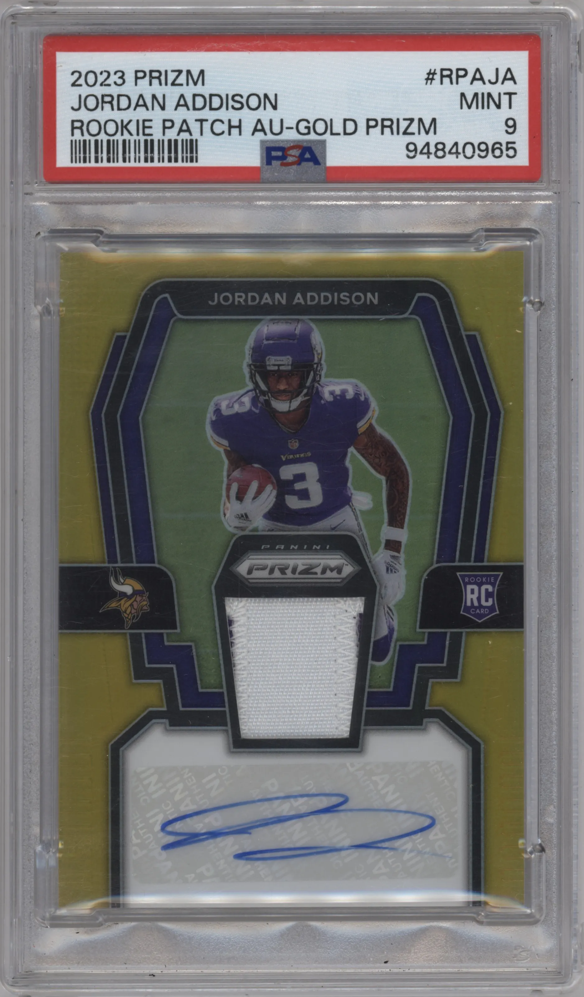 2023 Panini Prizm RPA Jordan Addison Gold Prizm PSA 9