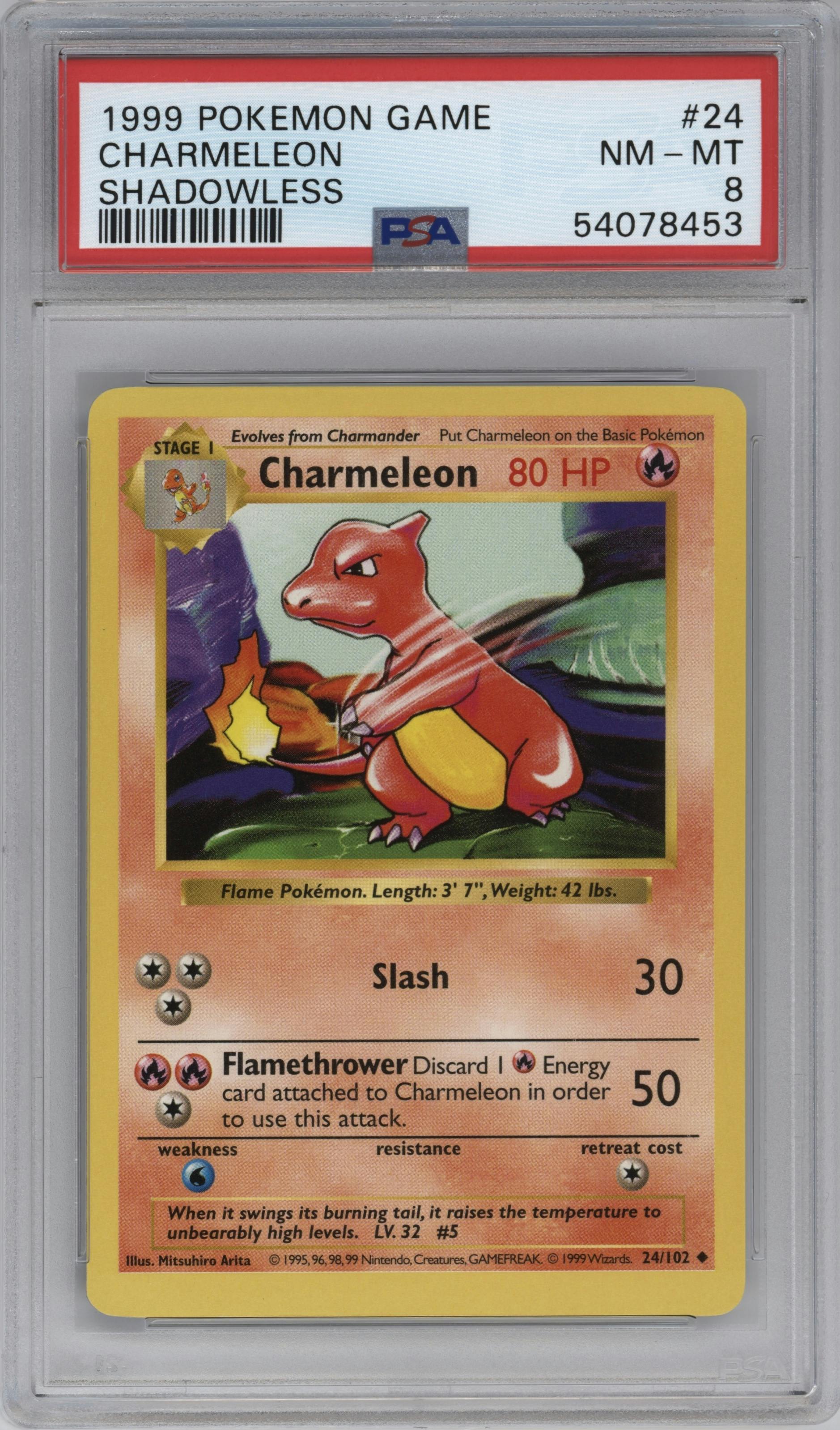Charmeleon from the 1999 Pokemon set graded by PSA and given an overall grade of 8.