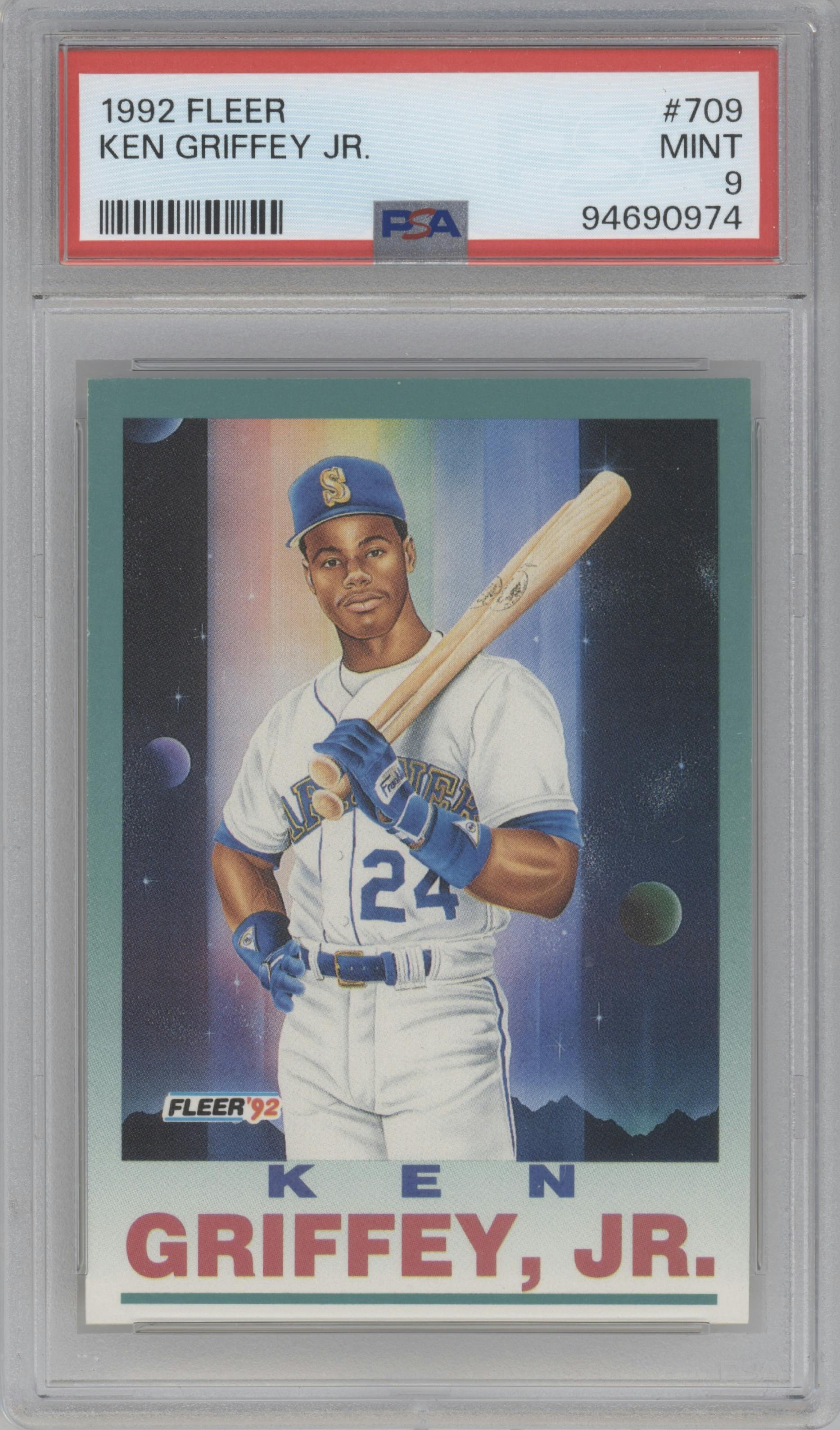 Ken Griffey Jr. from the 1992 Fleer set graded by PSA and given an overall grade of 9.