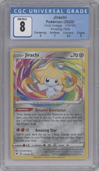 Jirachi from the 2020 Pokemon SWSH set graded by CSG and given an overall grade of 8.
