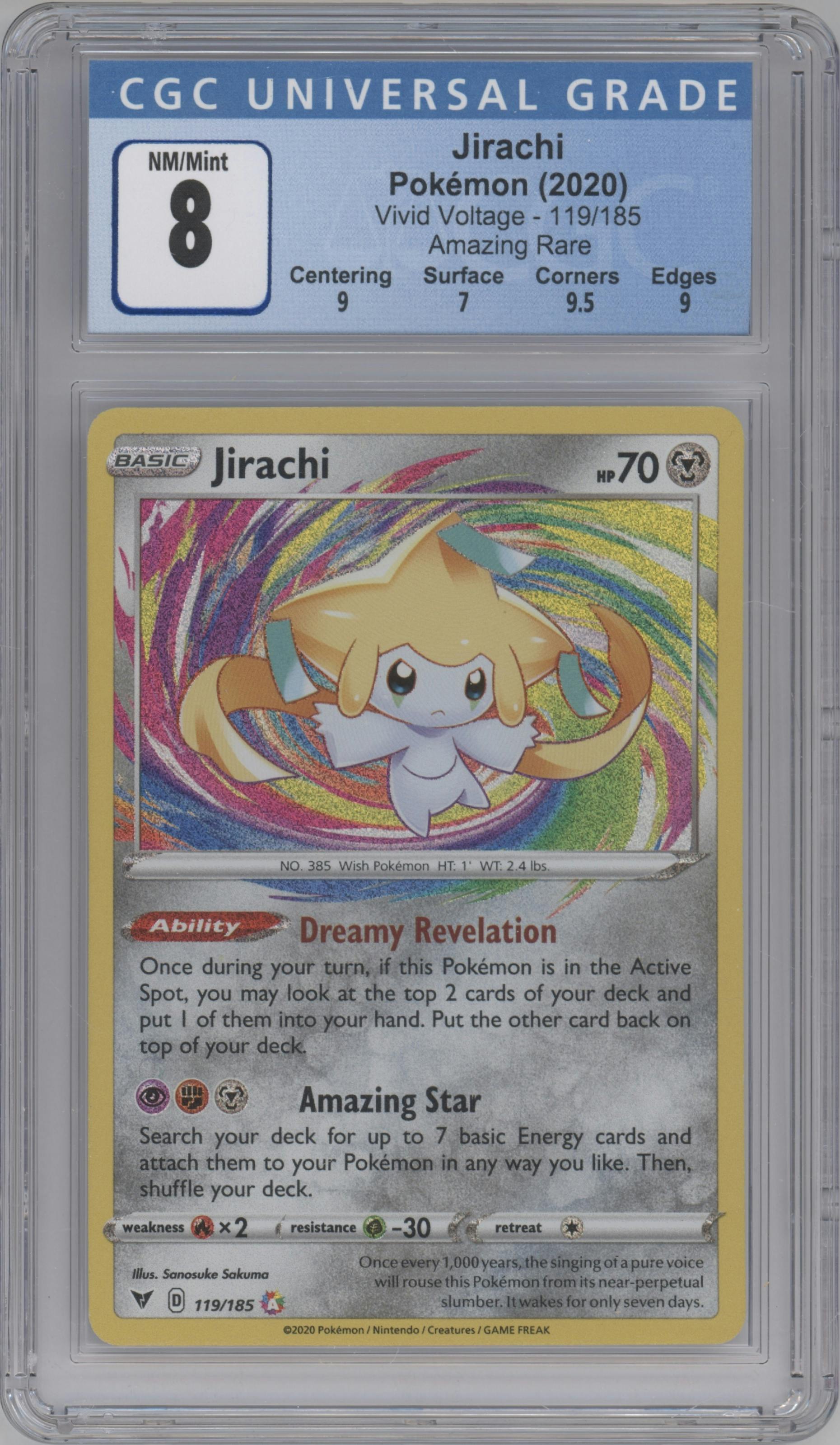 Jirachi from the 2020 Pokemon SWSH set graded by CSG and given an overall grade of 8.